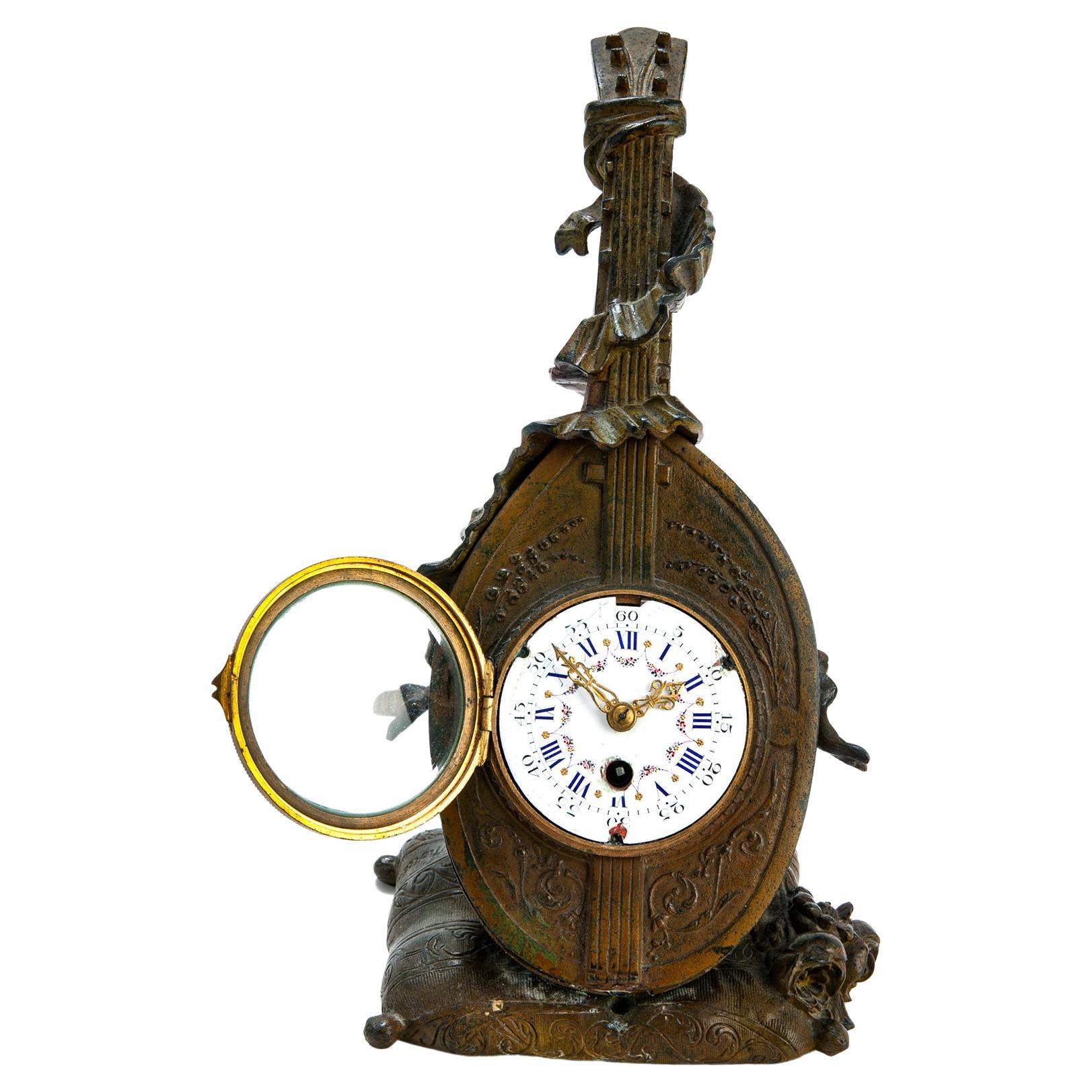 French Bronze Mandolin Table Clock For Sale