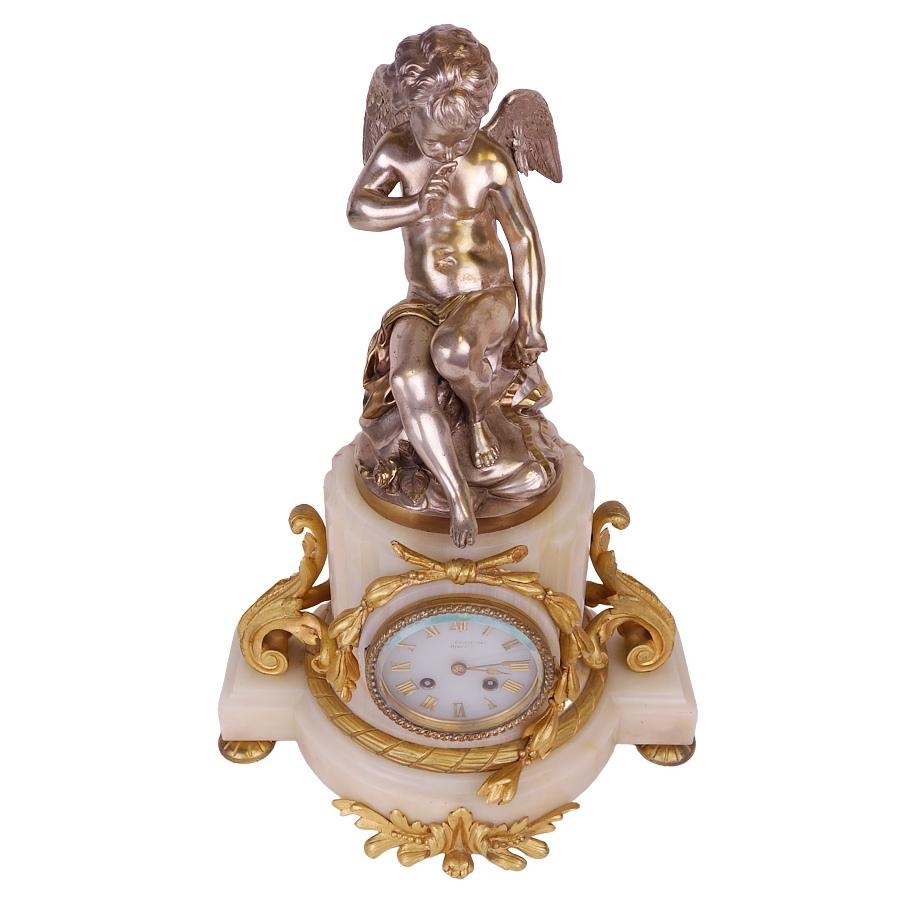 Américain Pendule de cheminée Cupidon française en bronze et marbre Louis XV Lemerie Charpentier, 1885 en vente
