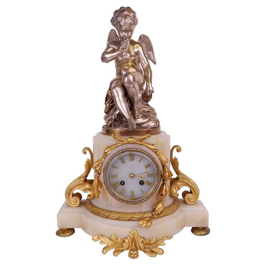 French Bronze & Marble Cupid Mantle Clock Louis XV Lemerie Charpentier, 1885 For Sale
