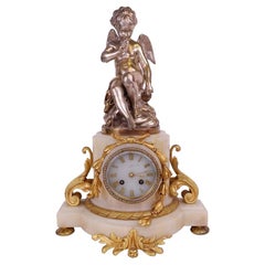 Antique French Bronze & Marble Cupid Mantle Clock Louis XV Lemerie Charpentier, 1885