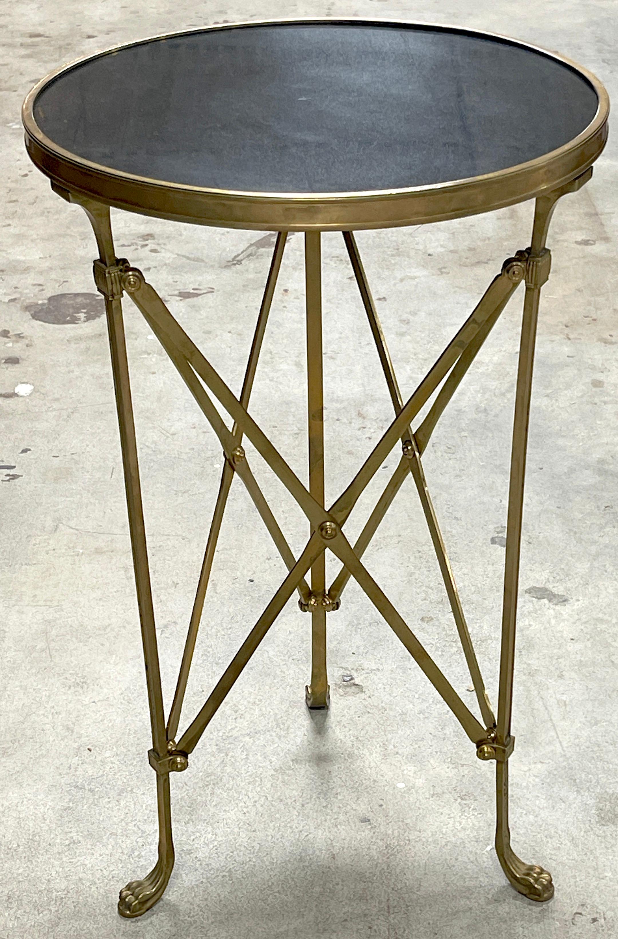 French bronze & marble Neoclassical Gueridon/ side table.
Of typical form, with nice proportions, the inset 17-inch black marble top, resting on a tripartite paw foot column base.