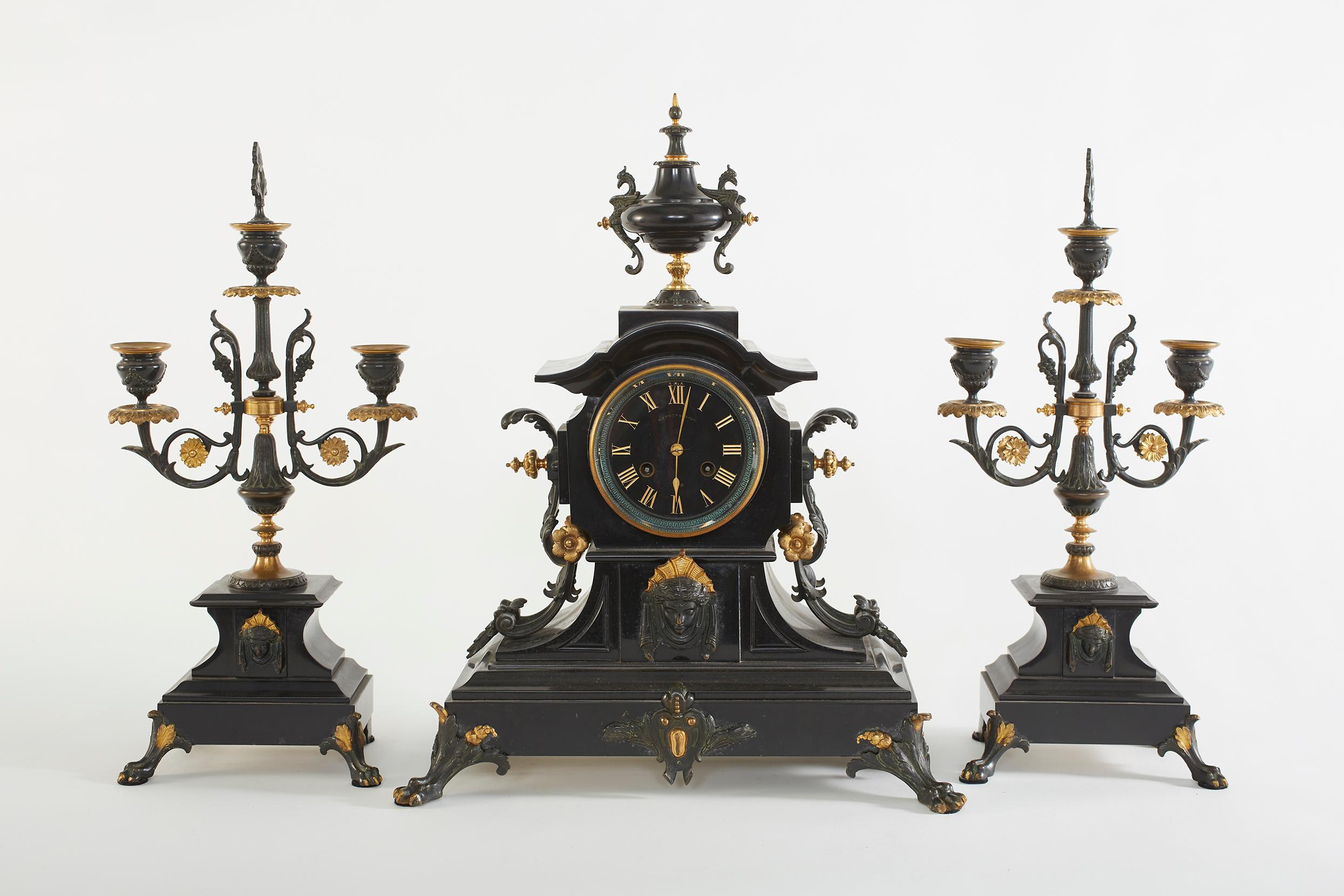 French Bronze / Marble Three Piece Clock Garniture Set 9