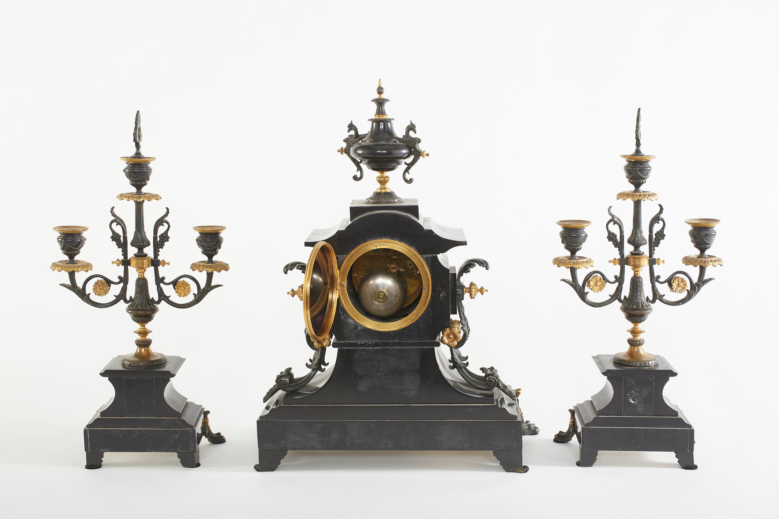 Gilt French Bronze / Marble Three Piece Clock Garniture Set