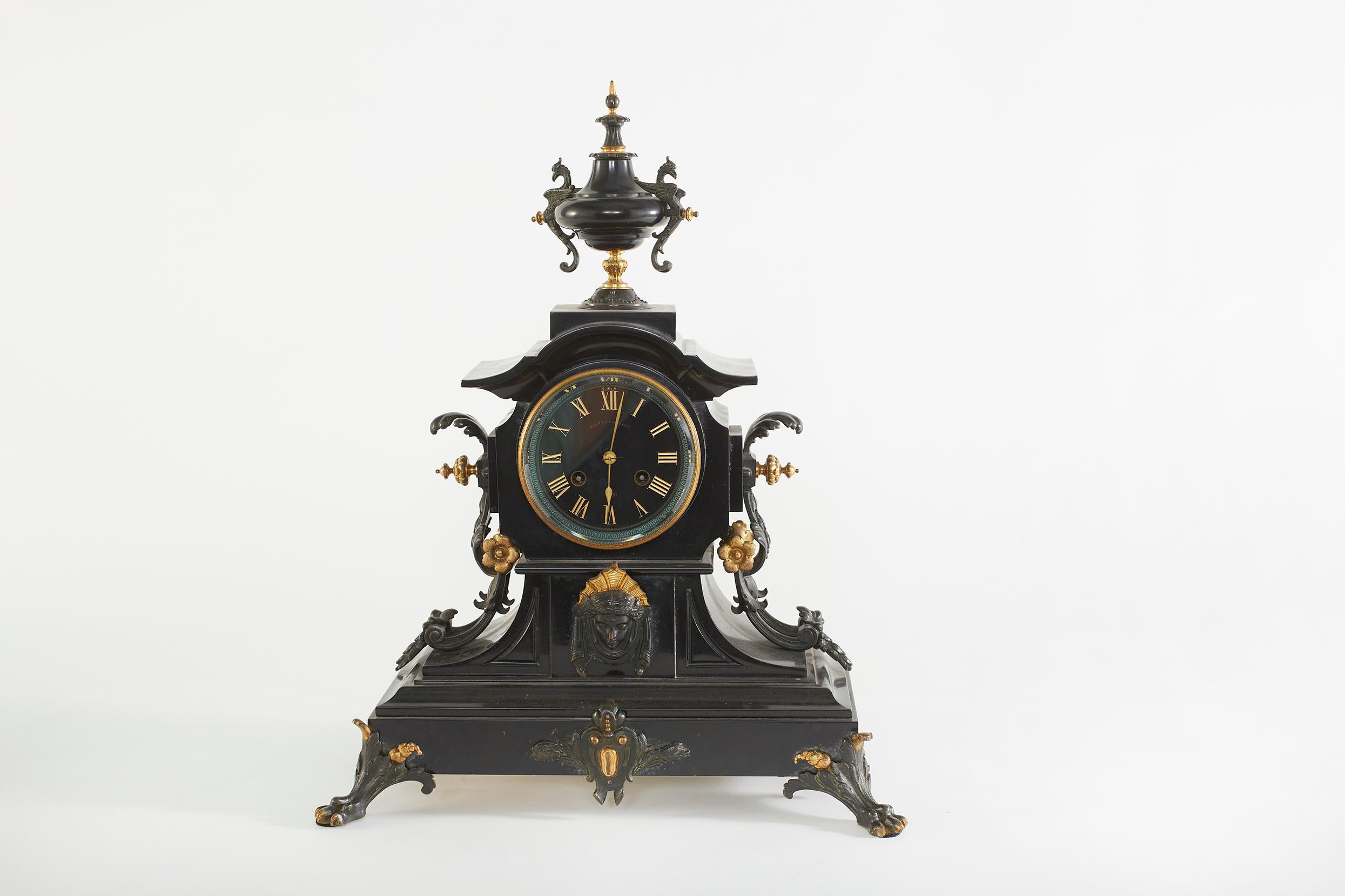 French Bronze / Marble Three Piece Clock Garniture Set In Good Condition In Tarry Town, NY