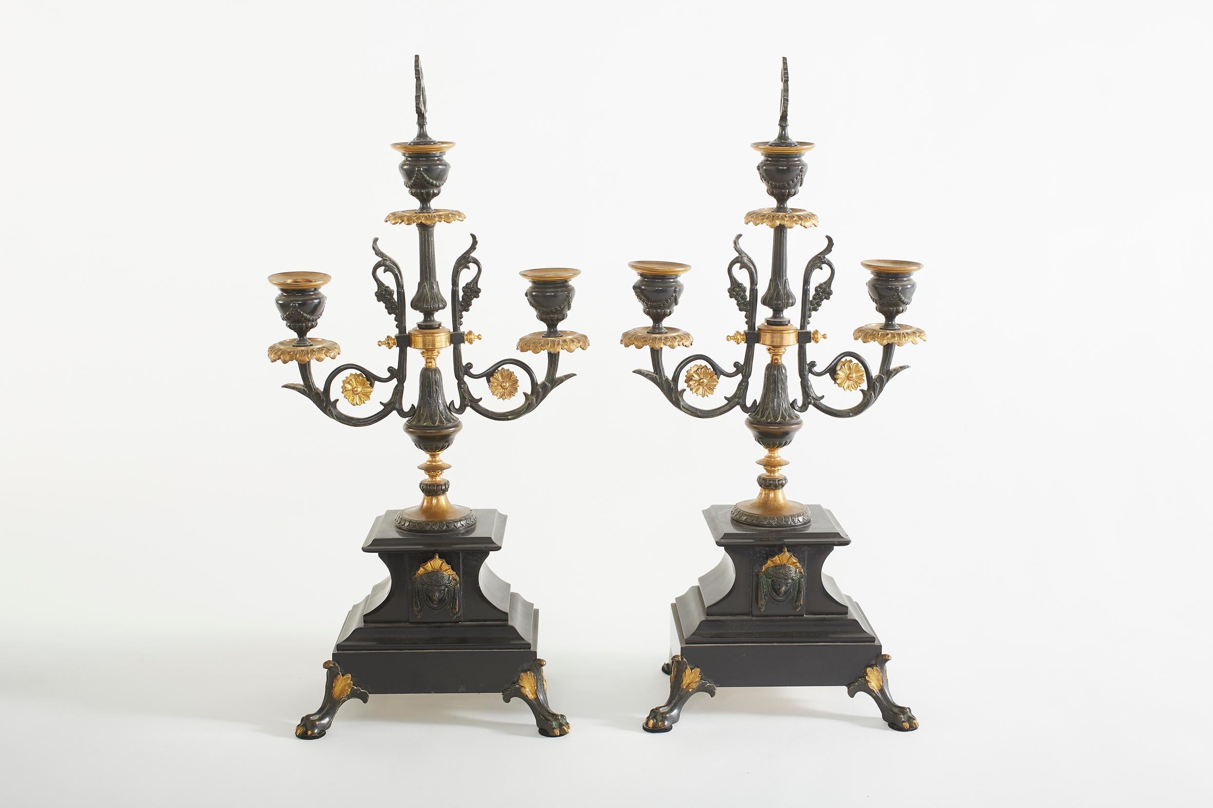Late 19th Century French Bronze / Marble Three Piece Clock Garniture Set
