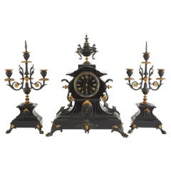 French Bronze / Marble Three Piece Clock Garniture Set