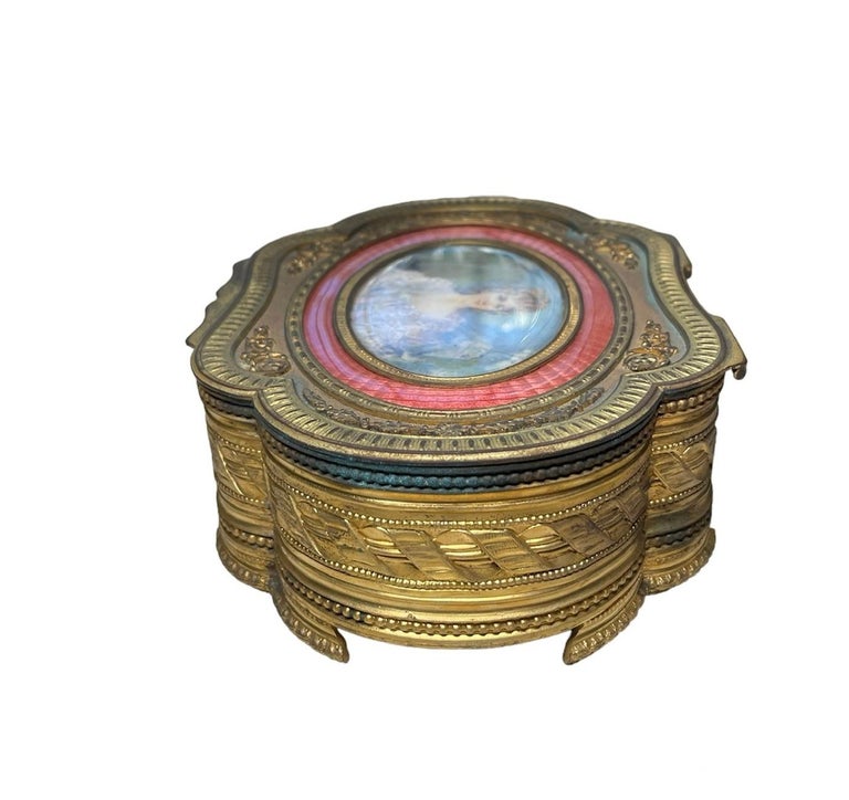 French Bronze Metal Hand Painted Portrait Vanity/ Jewelry Box For Sale