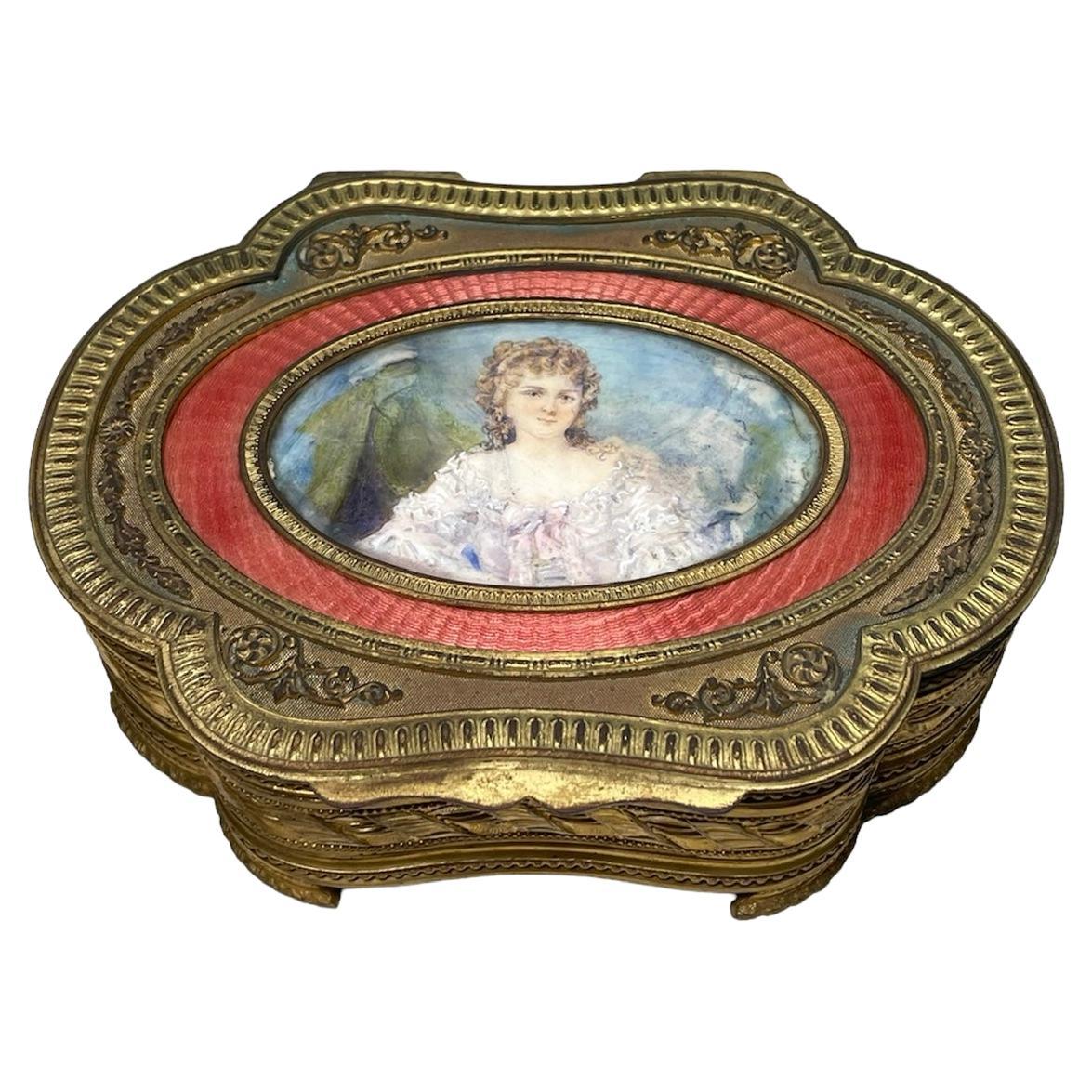 French Bronze Metal Hand Painted Portrait Vanity/ Jewelry Box For Sale