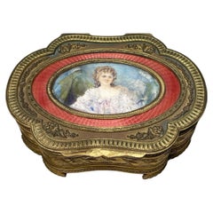 Antique French Bronze Metal Hand Painted Portrait Vanity/ Jewelry Box