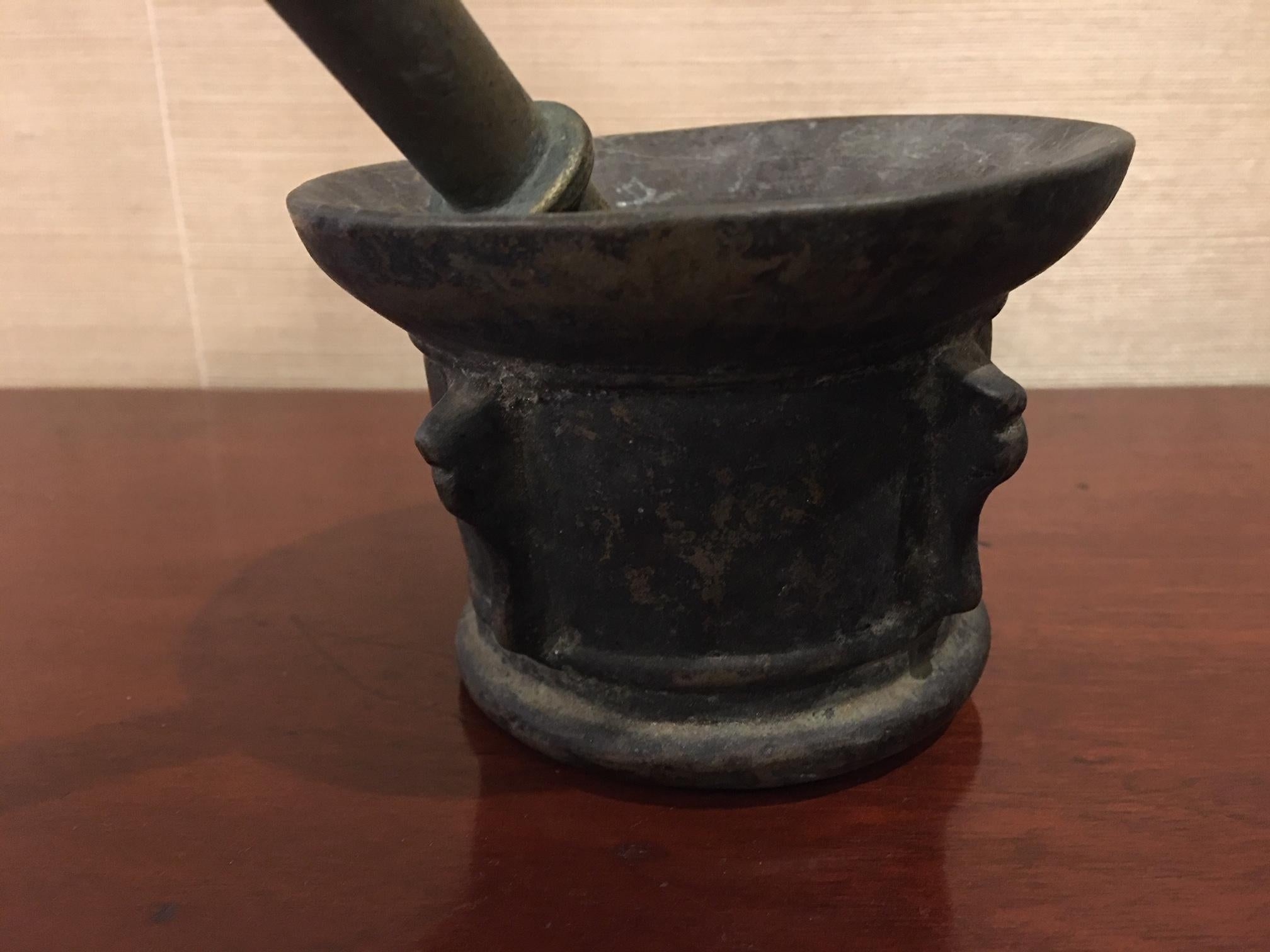 French Bronze Mortar and Pestle, Original Patina, Early 19th Century In Good Condition In Savannah, GA