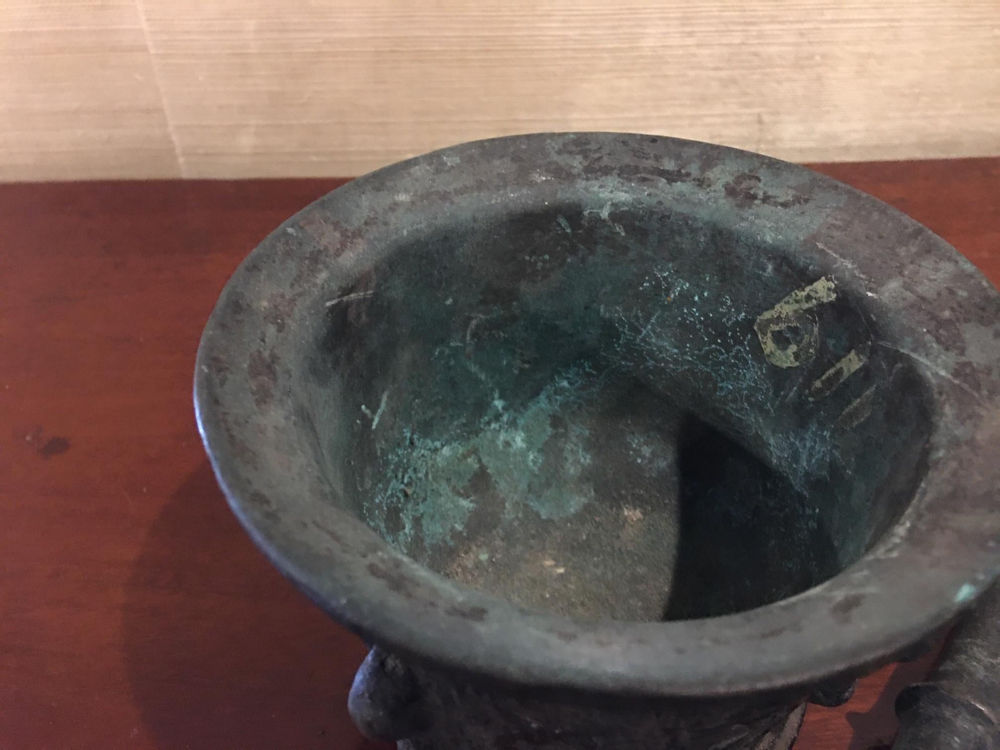 French Bronze Mortar and Pestle, Original Patina, Early 19th Century 1