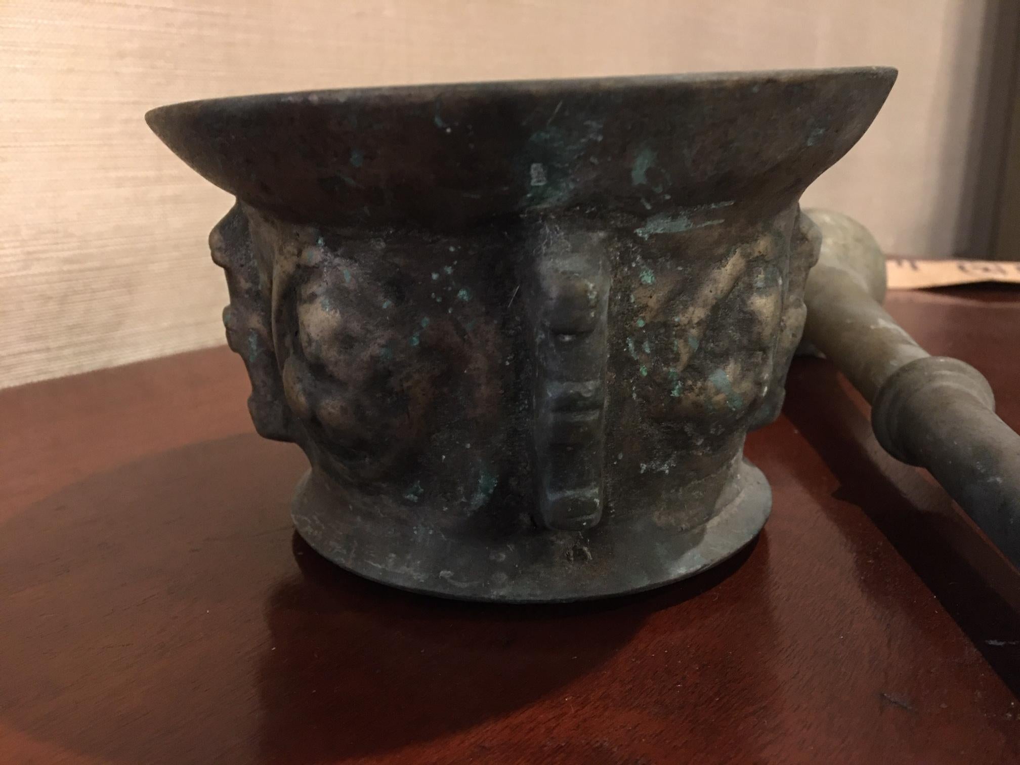 French Bronze Mortar and Pestle, Original Patina, Early 19th Century 1