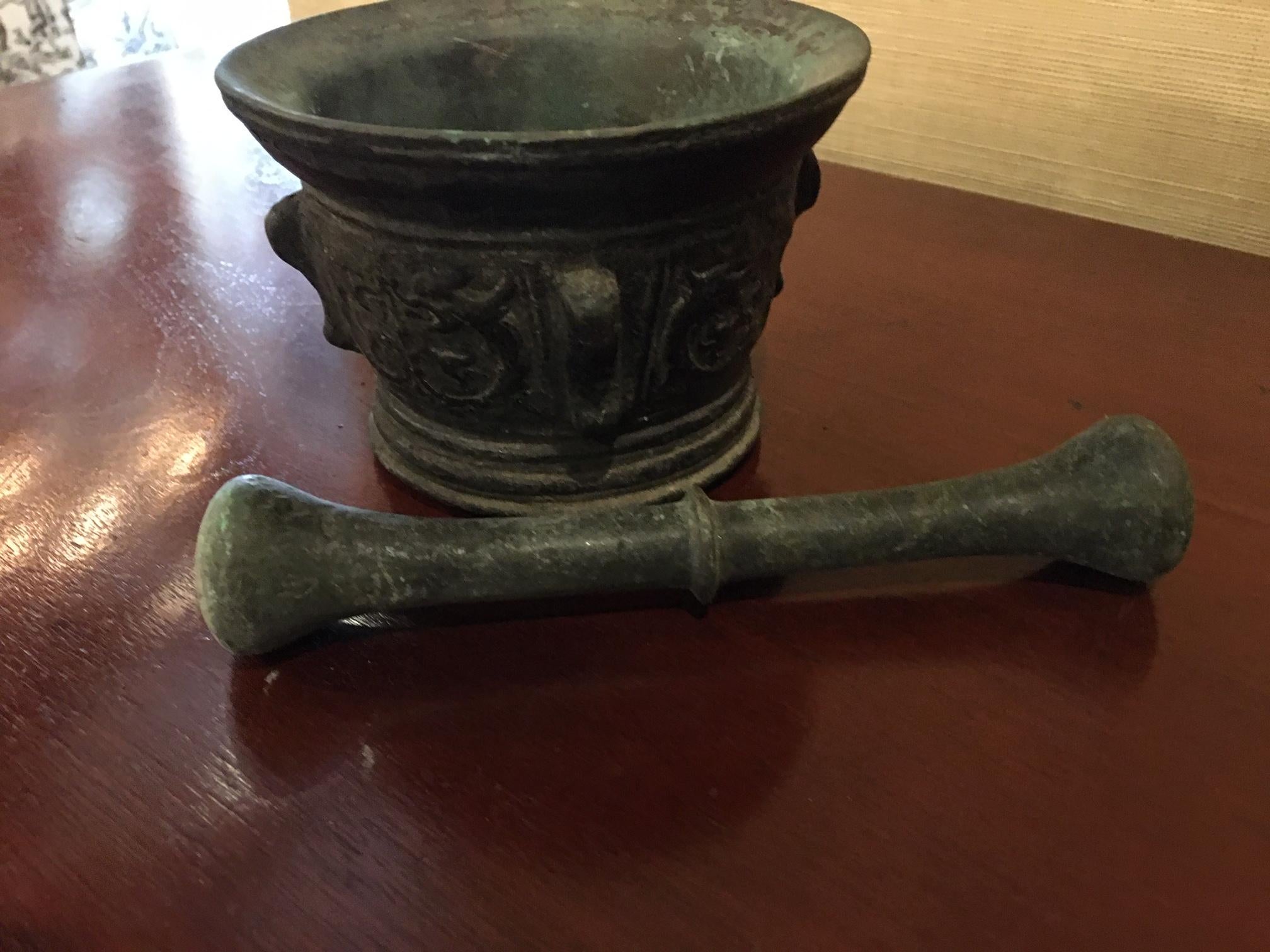 French Bronze Mortar and Pestle, Original Patina, Early 19th Century 2