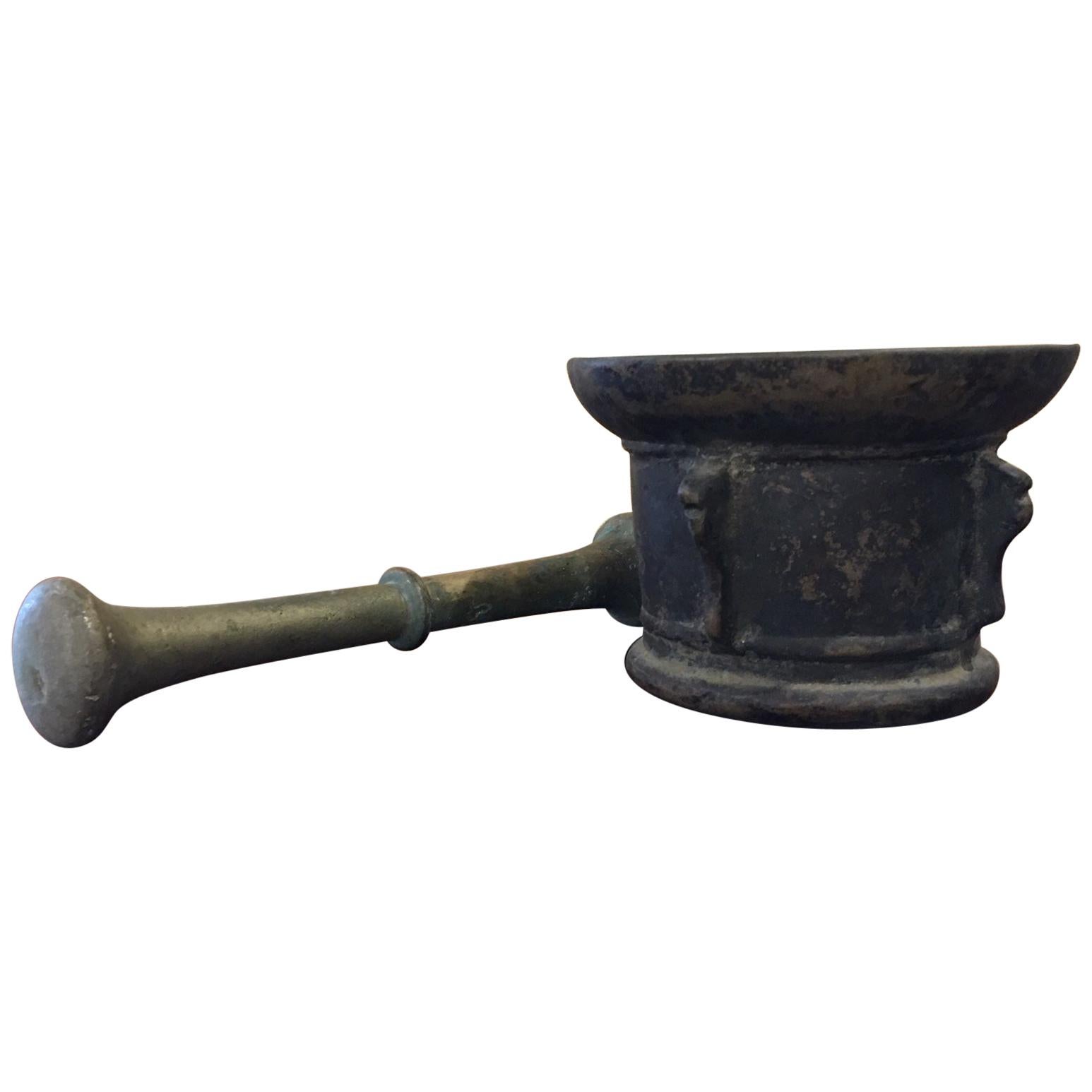 French Bronze Mortar and Pestle, Original Patina, Early 19th Century