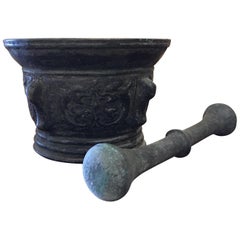 French Bronze Mortar and Pestle, Original Patina, Early 19th Century