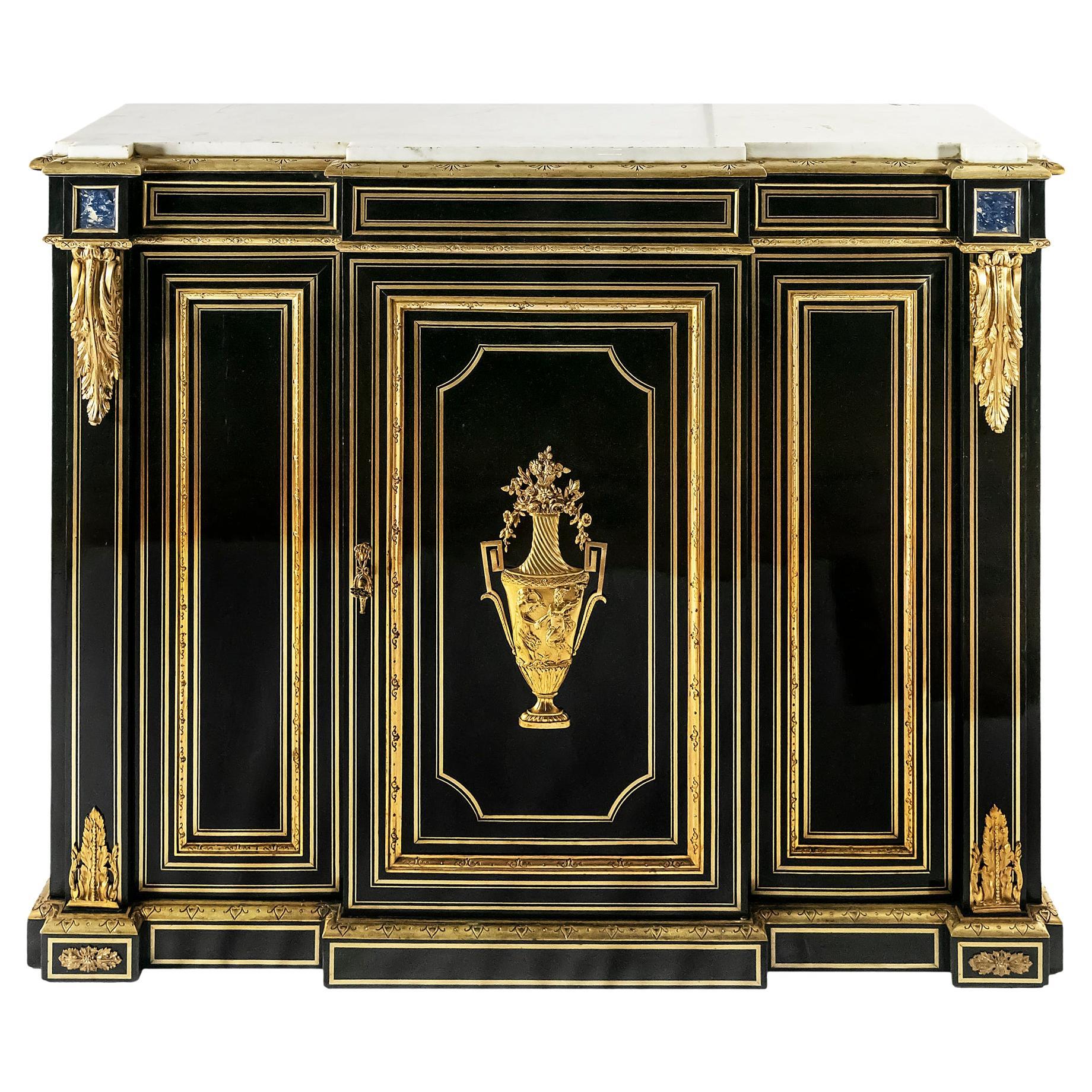 French antique Napoleon III cabinet.
Wood is black color polished surface, decorated with inlaid brass stripes, bronze details outside and natural stone lapis lazuli/ lazurite.
Inside the cabinet there are two shelves.
Cabinet top is marble.
This