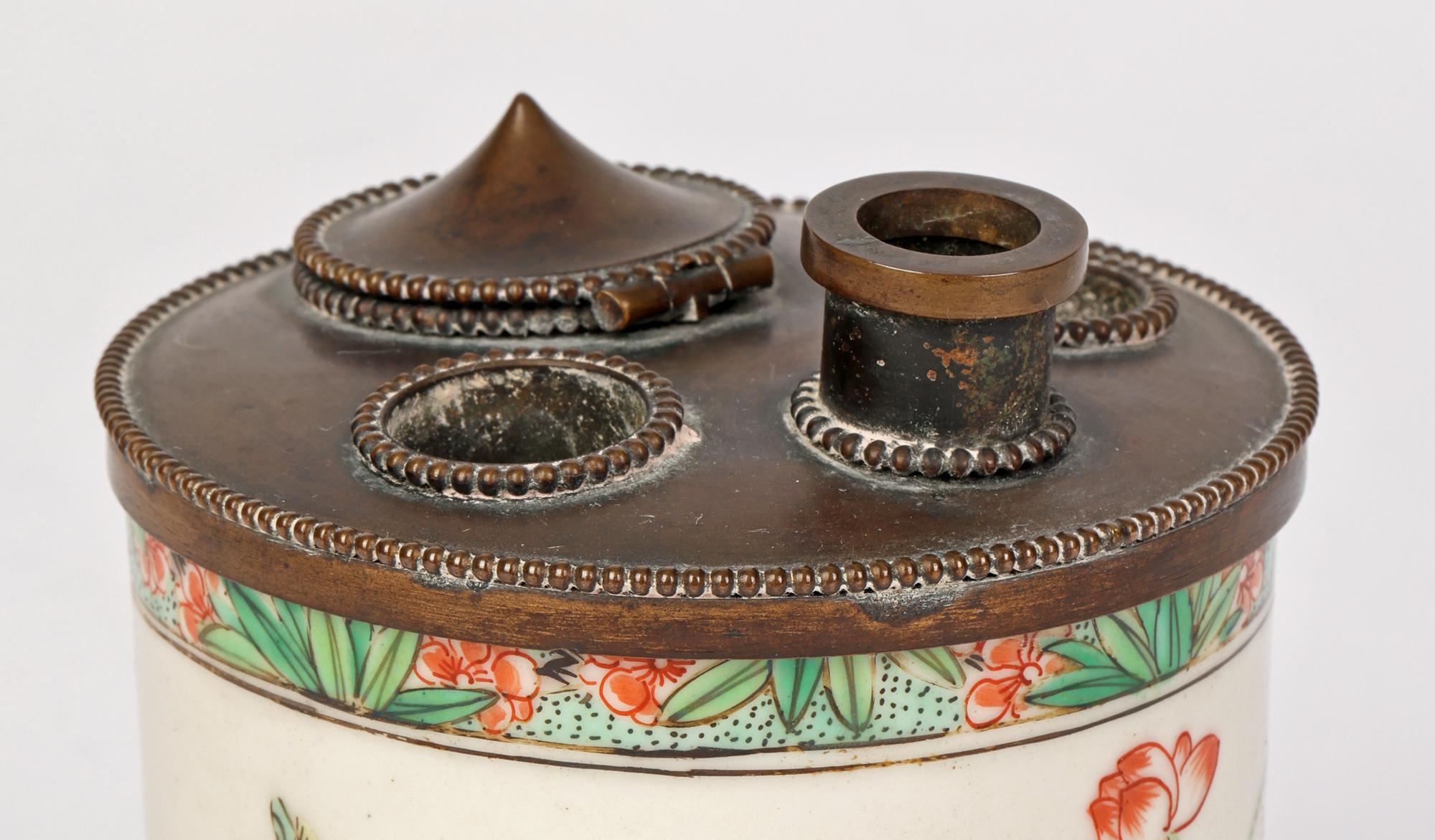 Brass French Bronze Mounted Chinoiserie Floral Painted Inkwell   For Sale