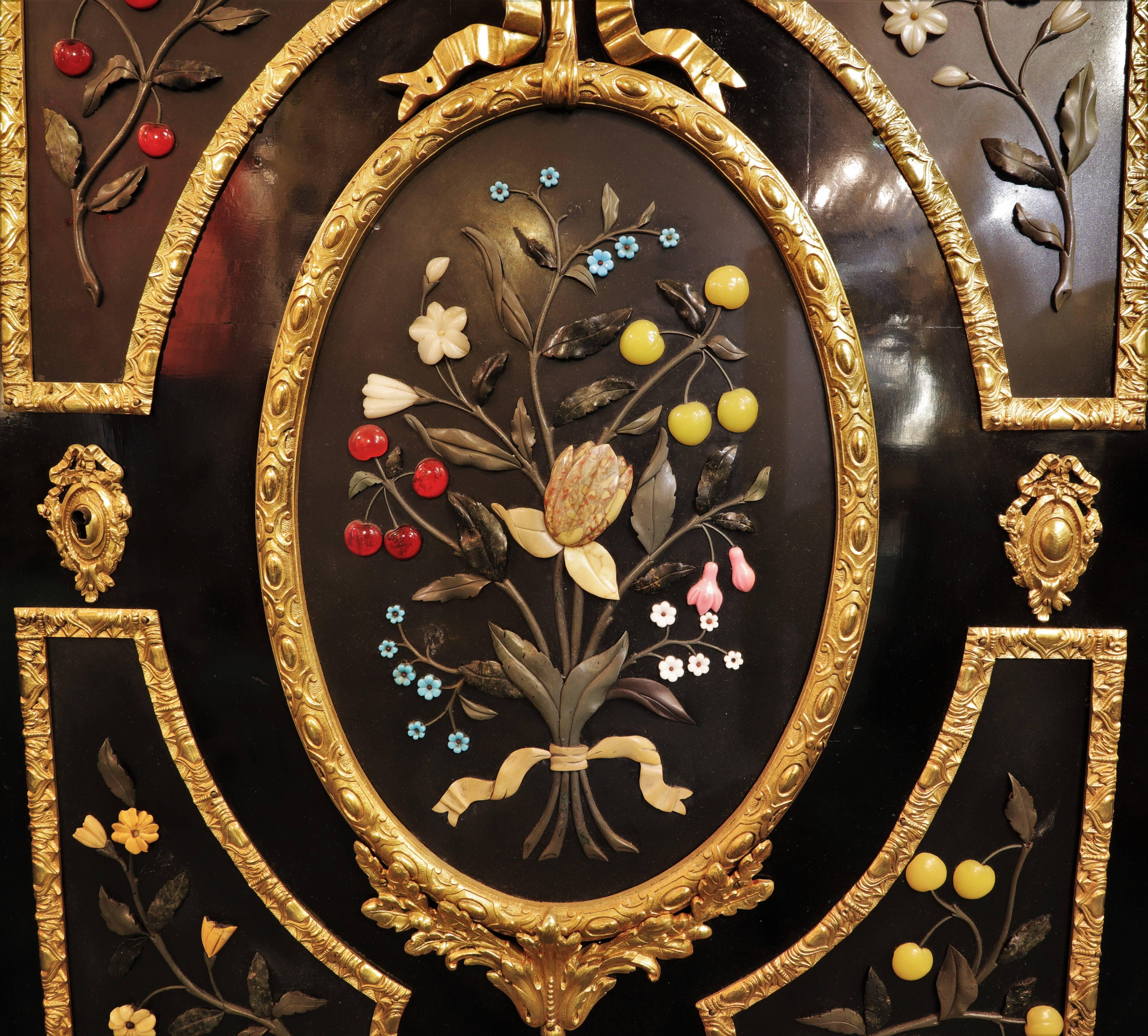 French Bronze-Mounted Ebonized and Pietra Dura Marble-Top Cabinet 1