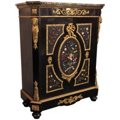 French Bronze-Mounted Ebonized and Pietra Dura Marble-Top Cabinet