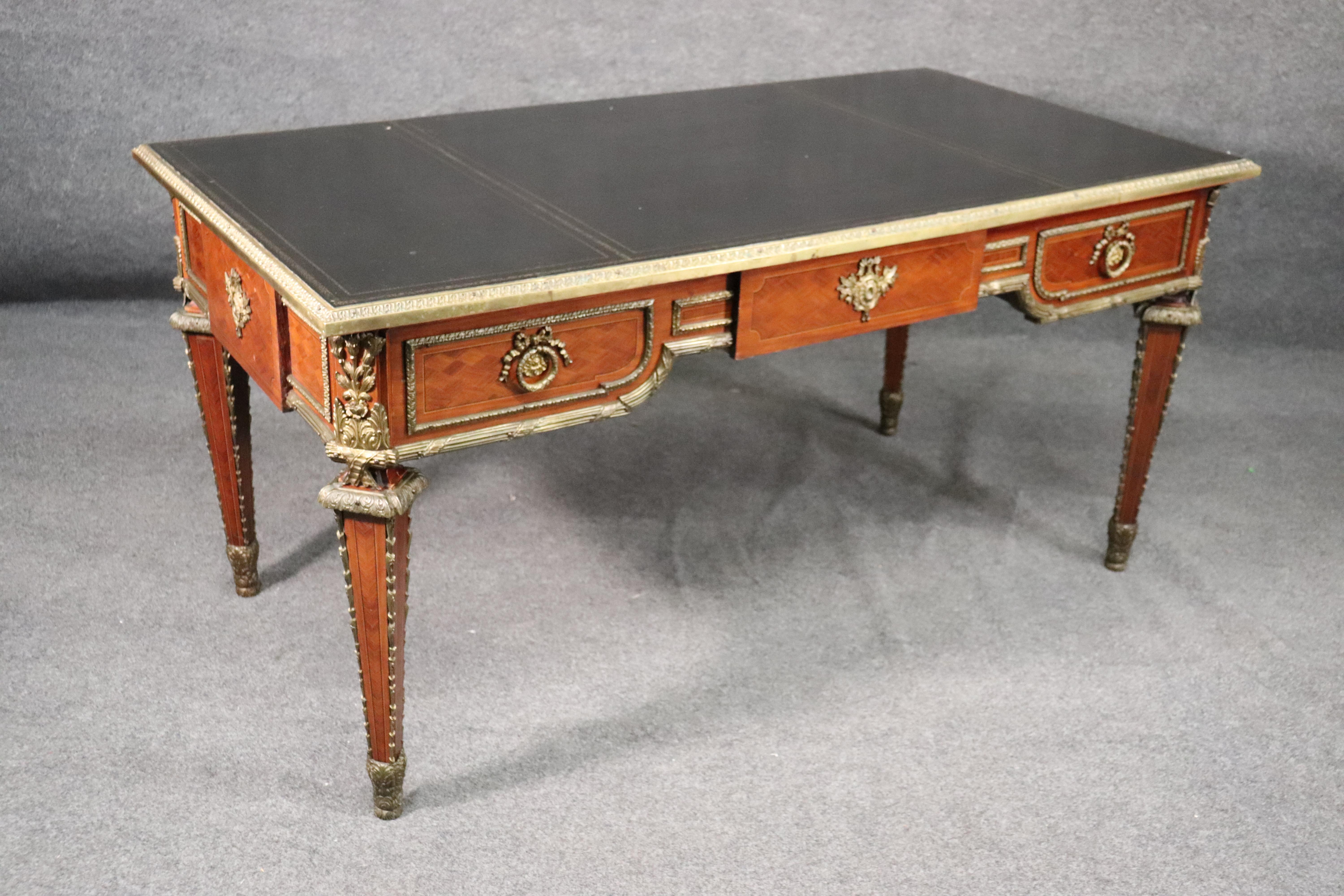 French Bronze Mounted Leather Top Louis XVI Style Bureau Plat Writing Desk 6