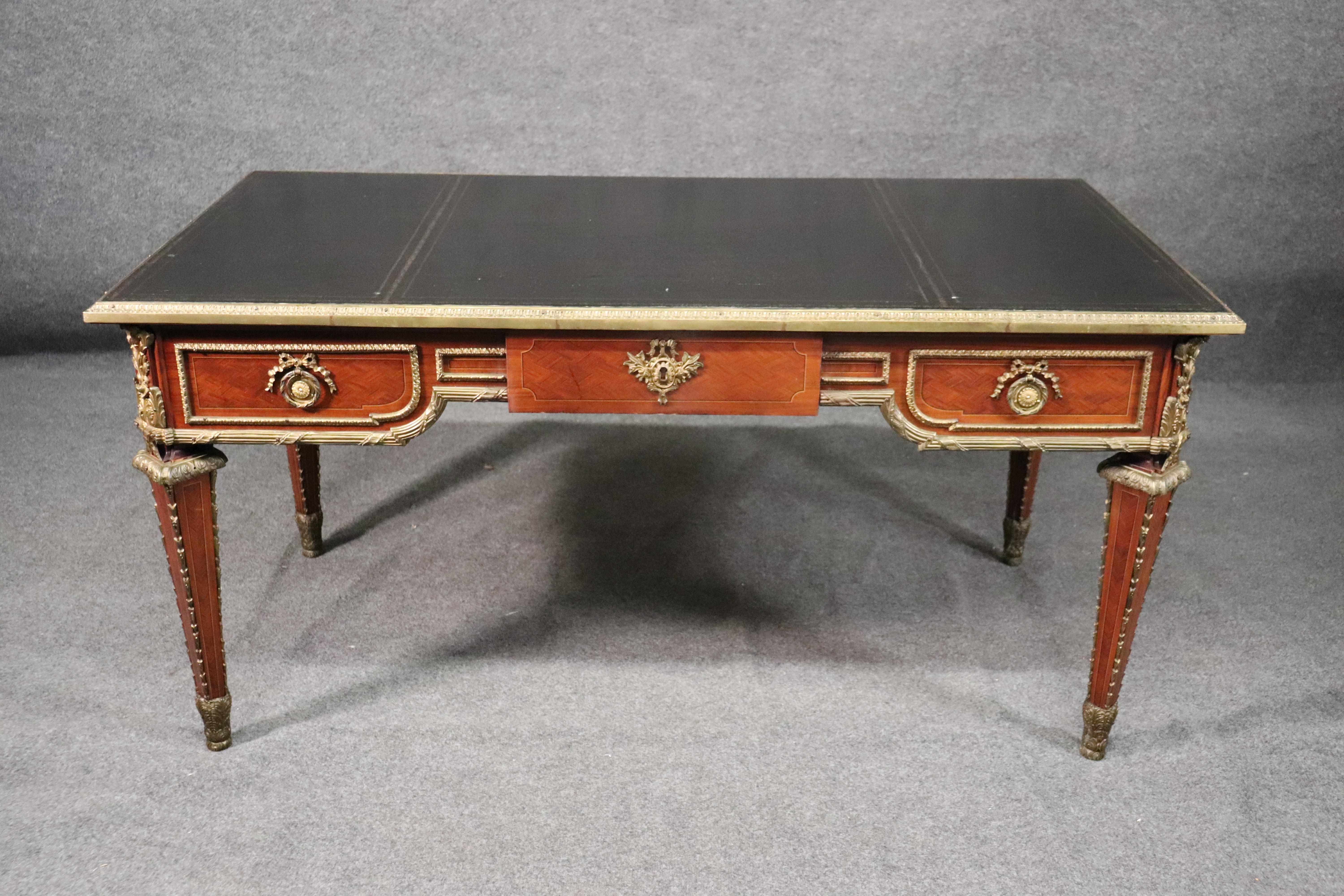 French Bronze Mounted Leather Top Louis XVI Style Bureau Plat Writing Desk 8