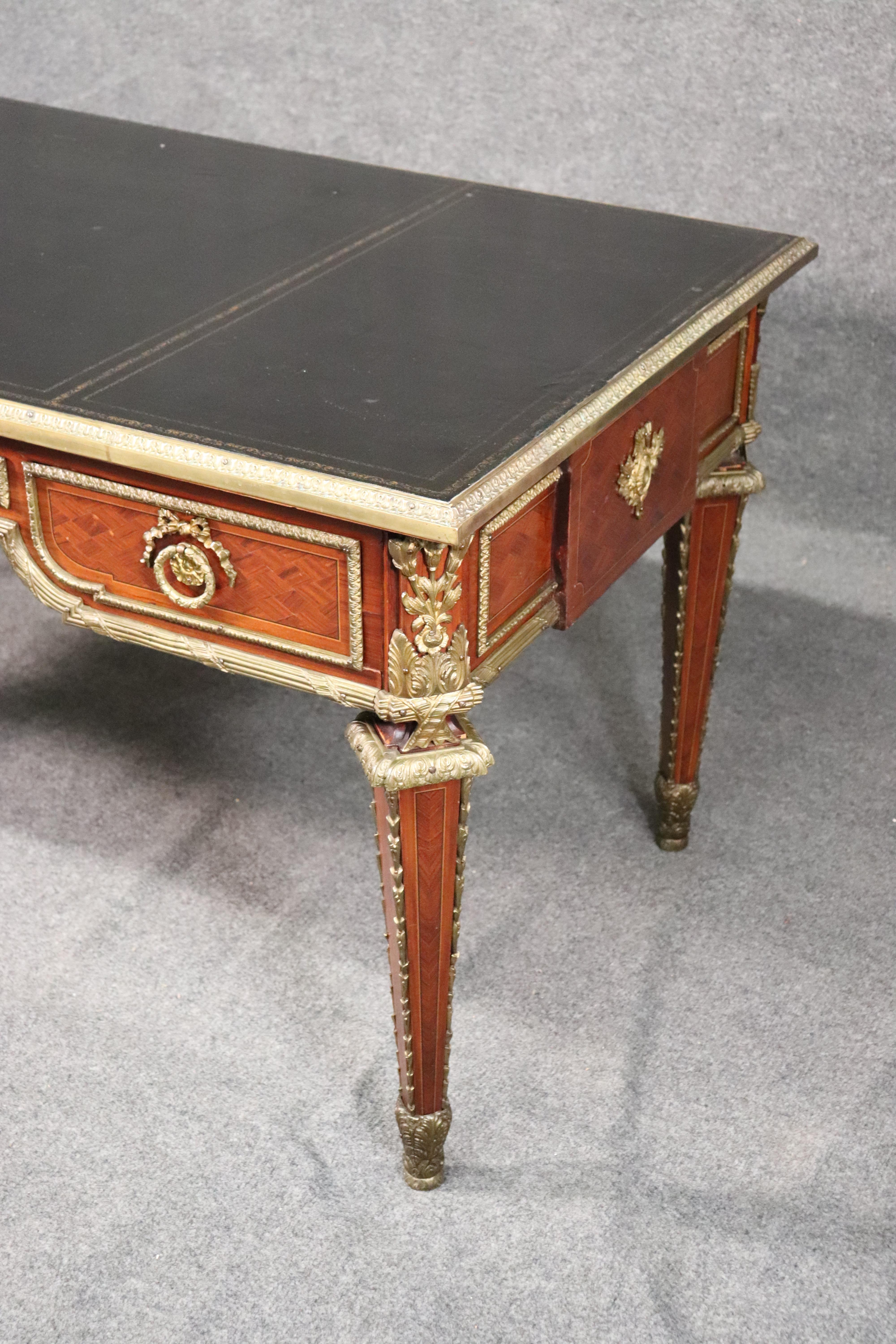 Walnut French Bronze Mounted Leather Top Louis XVI Style Bureau Plat Writing Desk