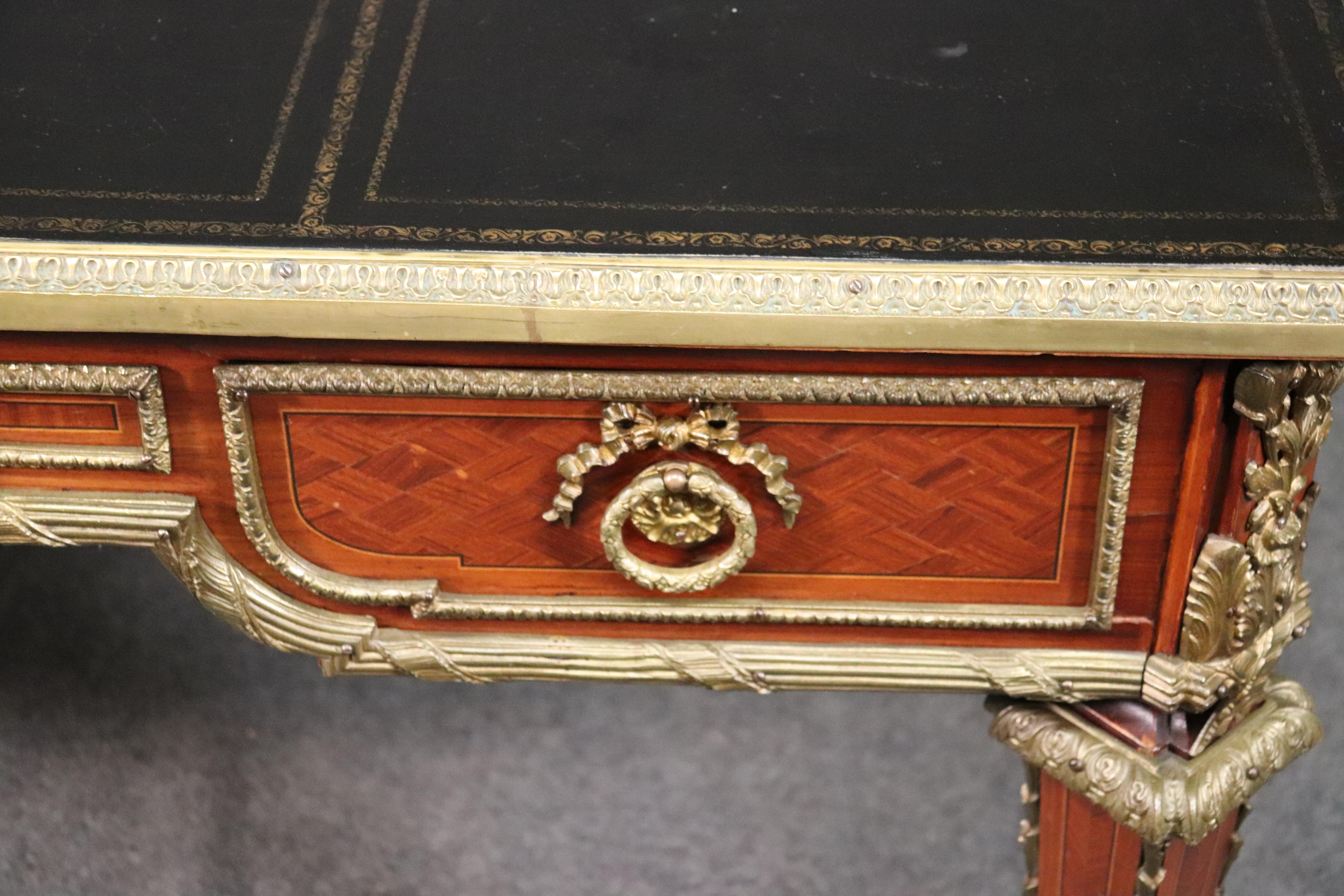 French Bronze Mounted Leather Top Louis XVI Style Bureau Plat Writing Desk 1