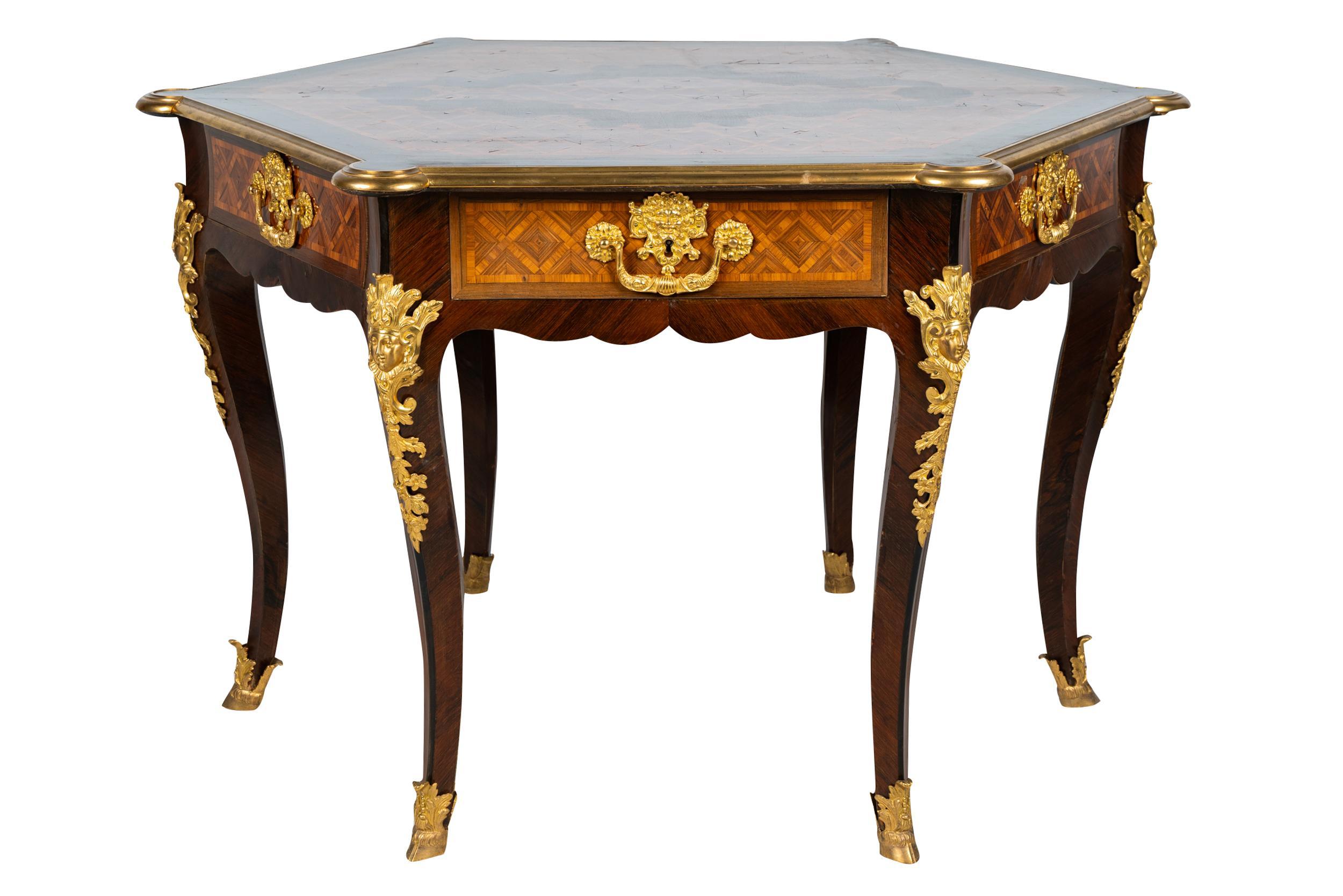 Cast French Bronze Mounted Marquetry Center Table, Louis XV style For Sale
