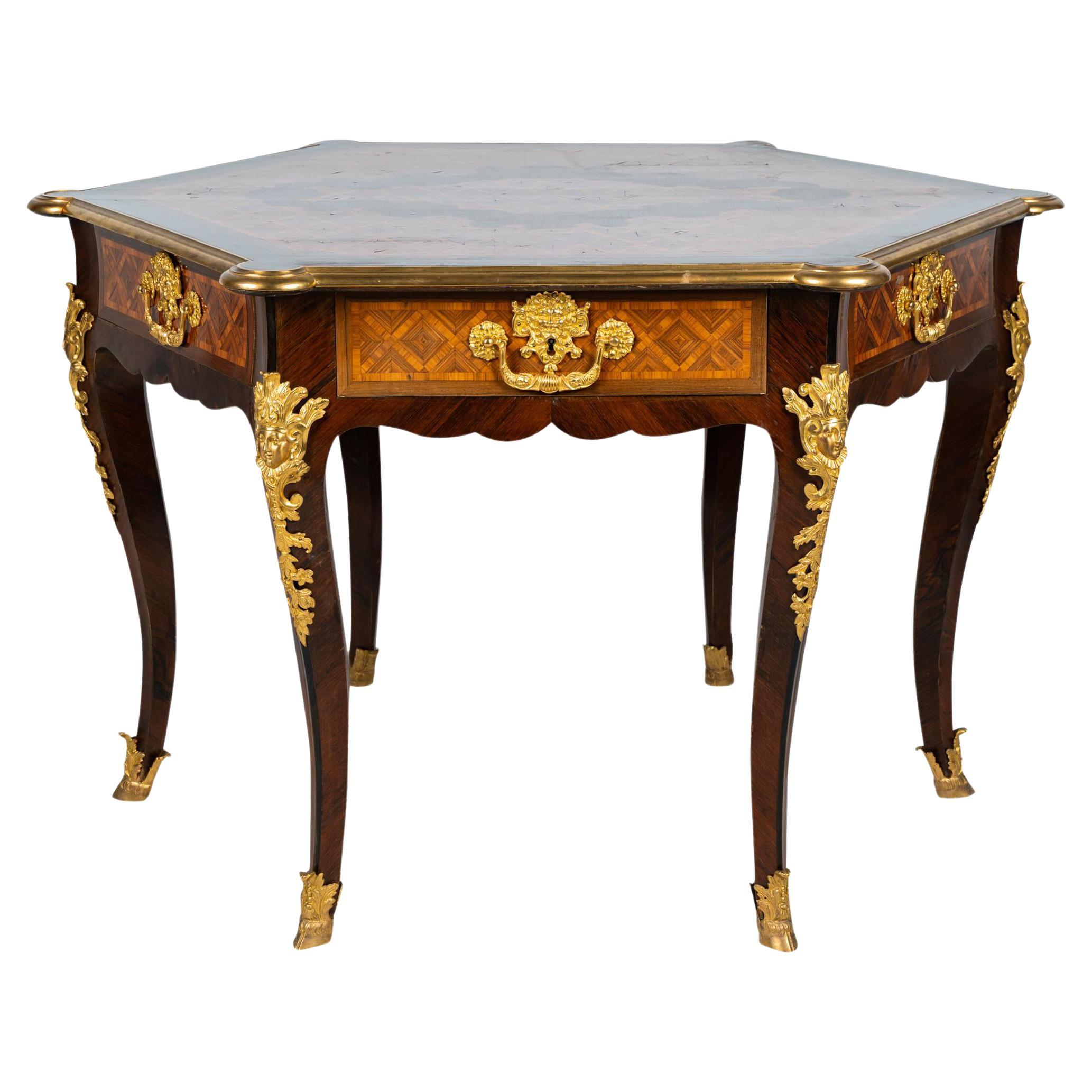 French Bronze Mounted Marquetry Center Table, Louis XV style