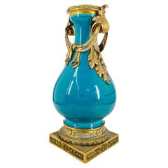 Antique French Bronze Mounted Porcelain Vase with Bleu Celeste Glaze
