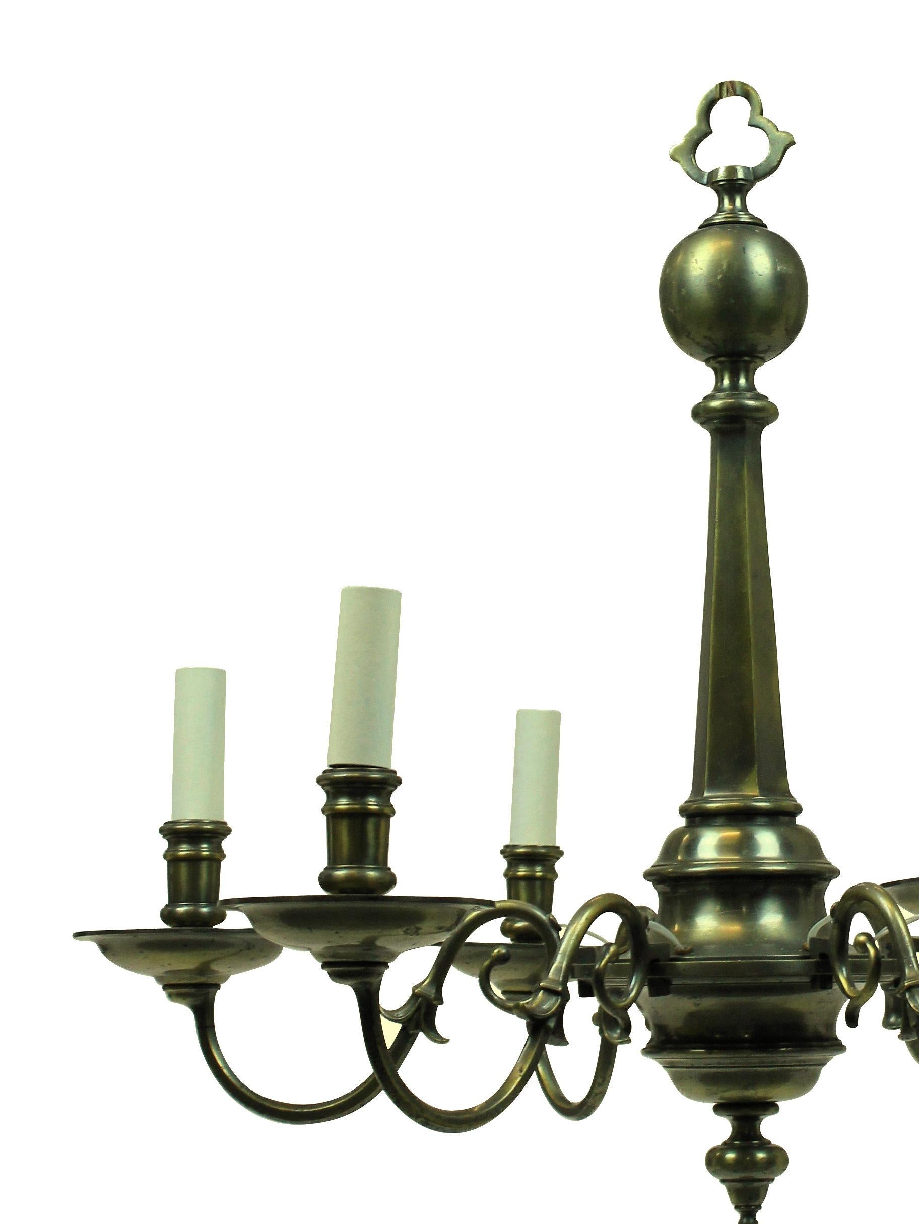 A French bronze chandelier in the Gothic manner, with drop in arms.
 