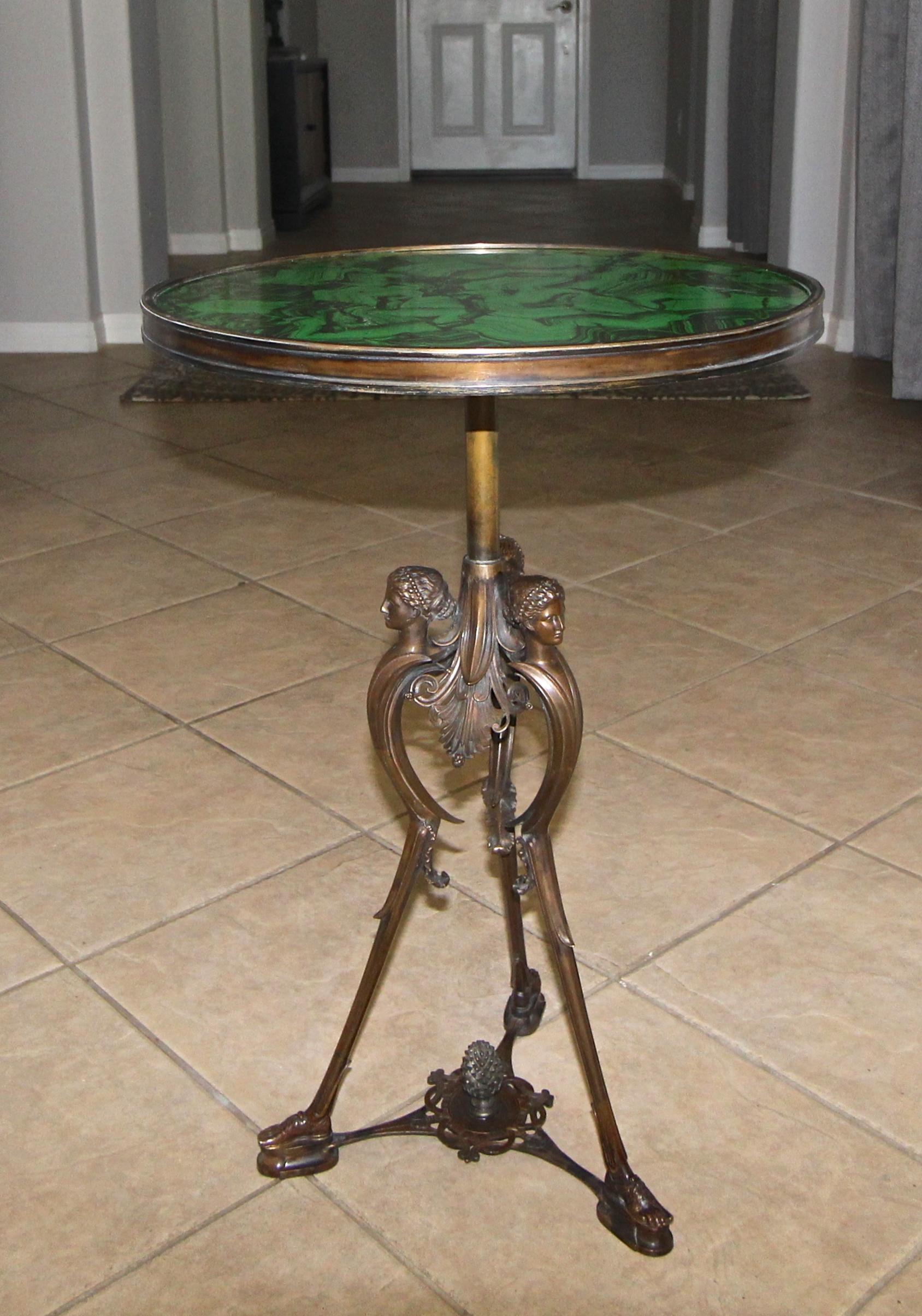 Beautiful 19th century French bronze neoclassic side or end table with later faux malachite top, bronze has exceptional detailing and great overall patina.
 