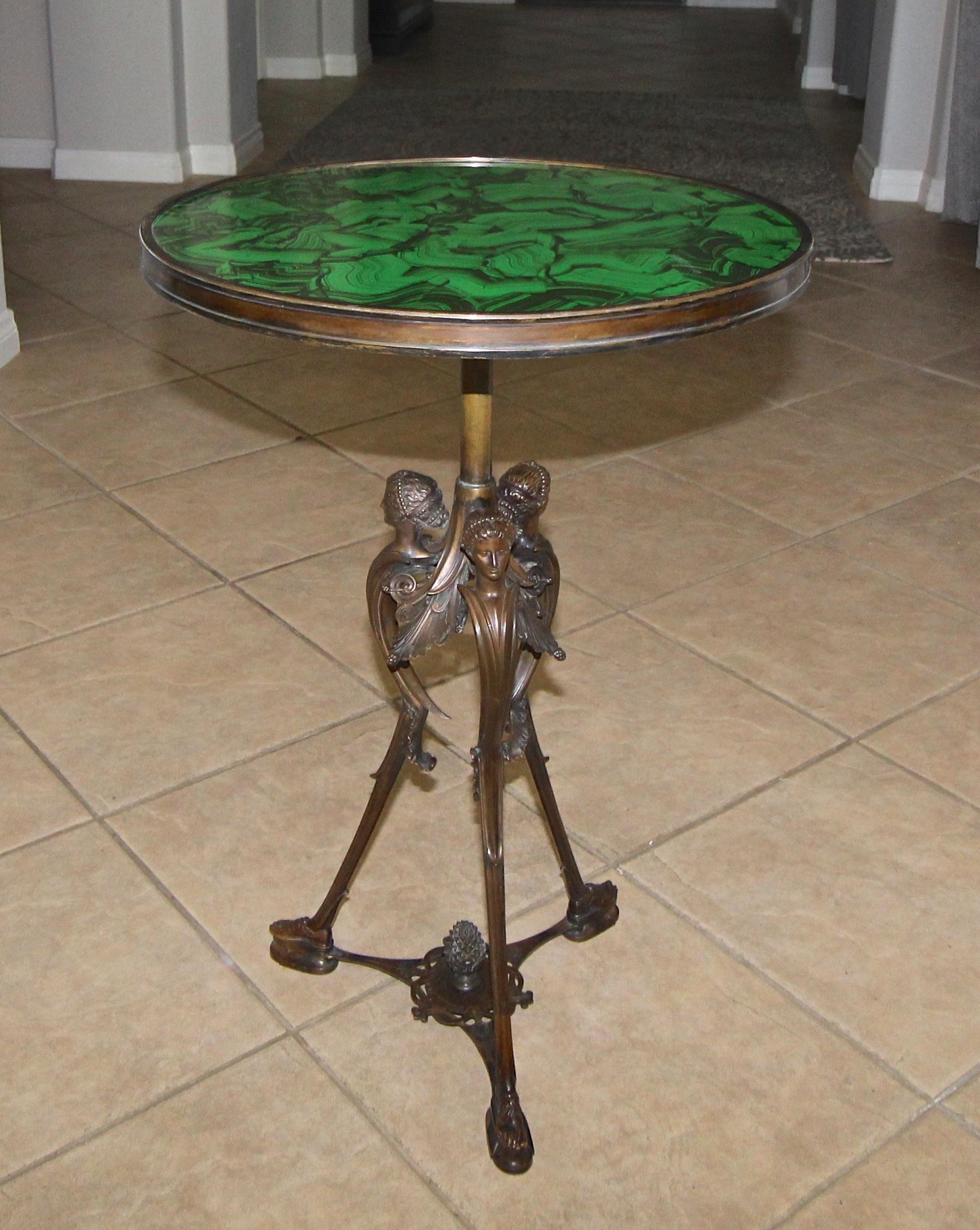 French Bronze Neoclassic Faux Malachite Side Table In Good Condition In Palm Springs, CA