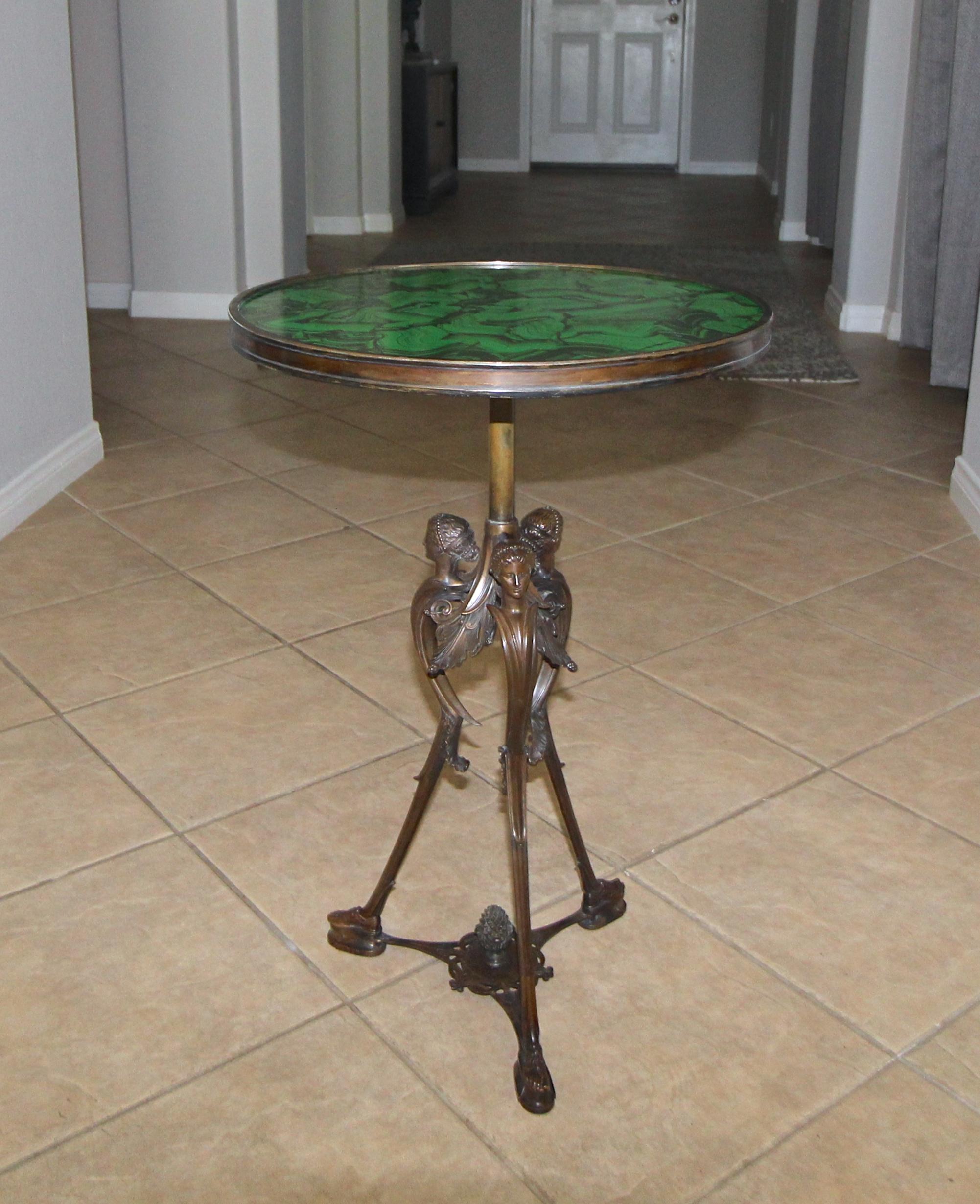 19th Century French Bronze Neoclassic Faux Malachite Side Table