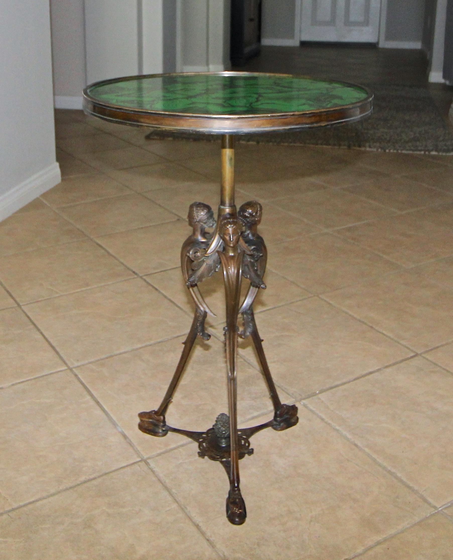 French Bronze Neoclassic Faux Malachite Side Table 1