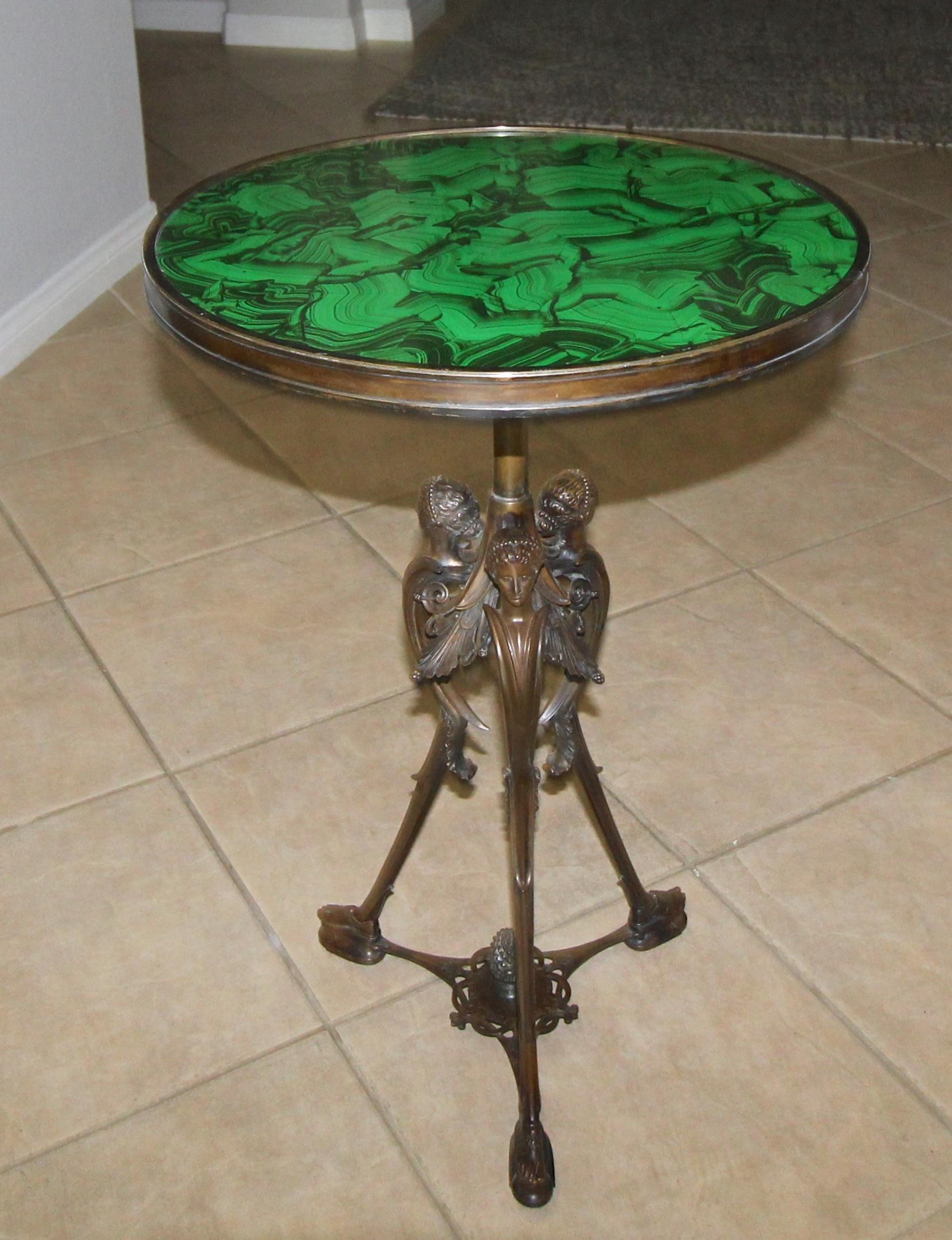 French Bronze Neoclassic Faux Malachite Side Table 2