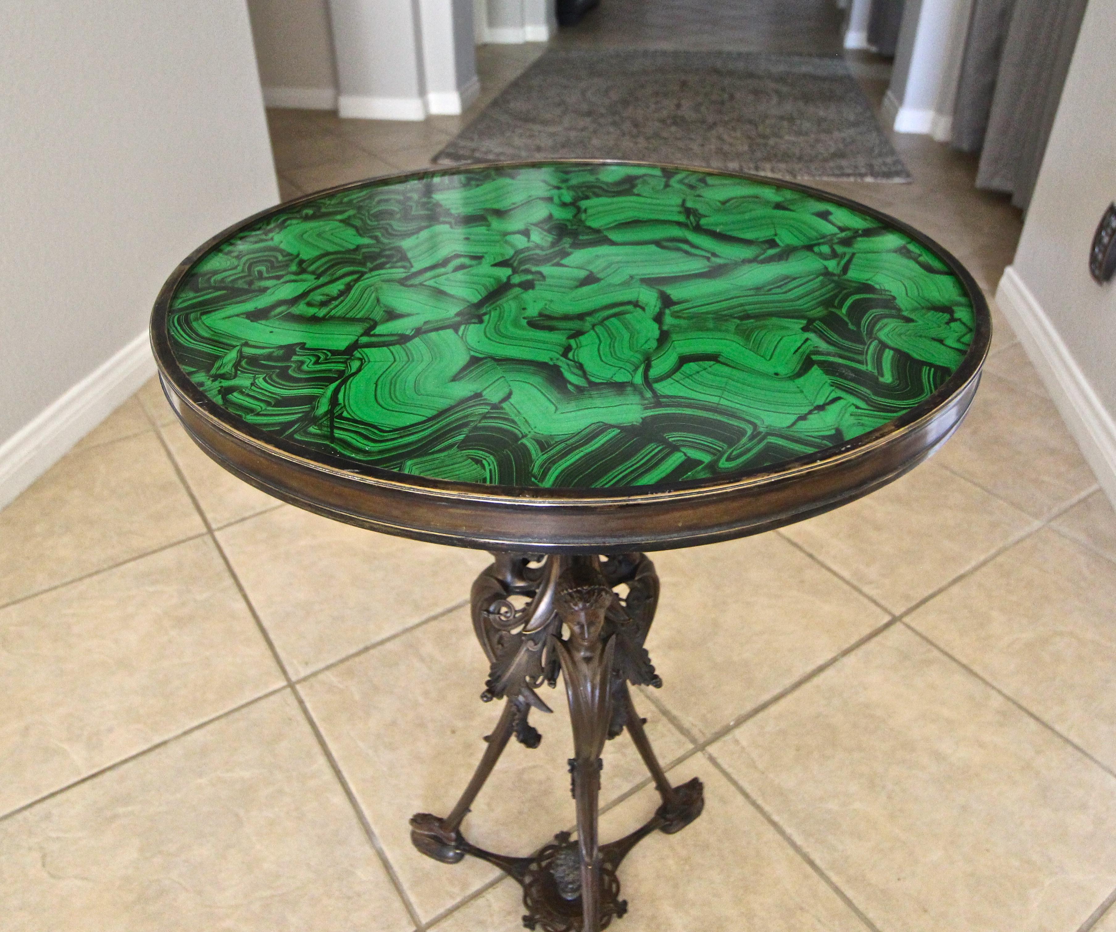 French Bronze Neoclassic Faux Malachite Side Table 3