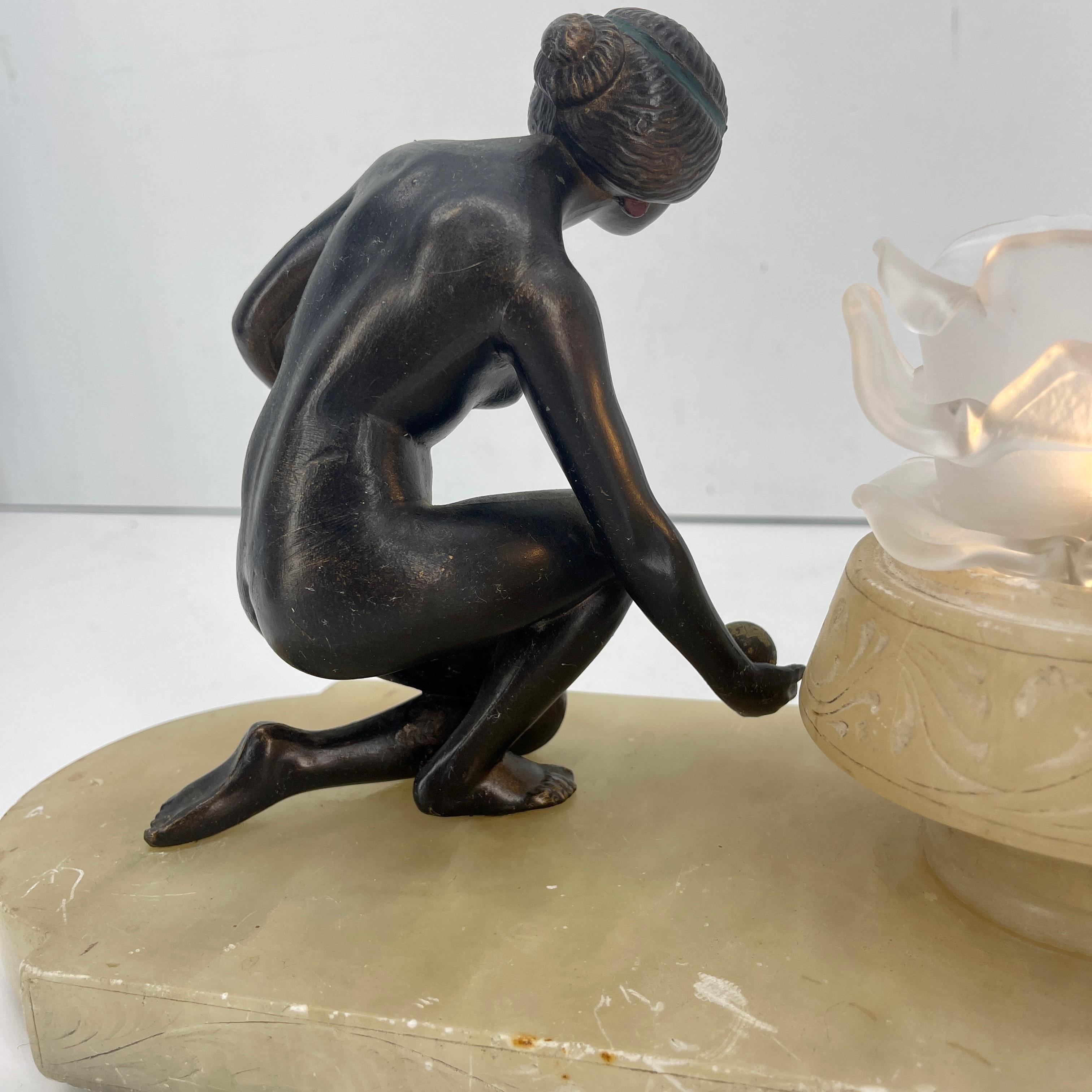 French Bronze Nude and White Alabaster Table Lamp, Circa 1940's For Sale 5