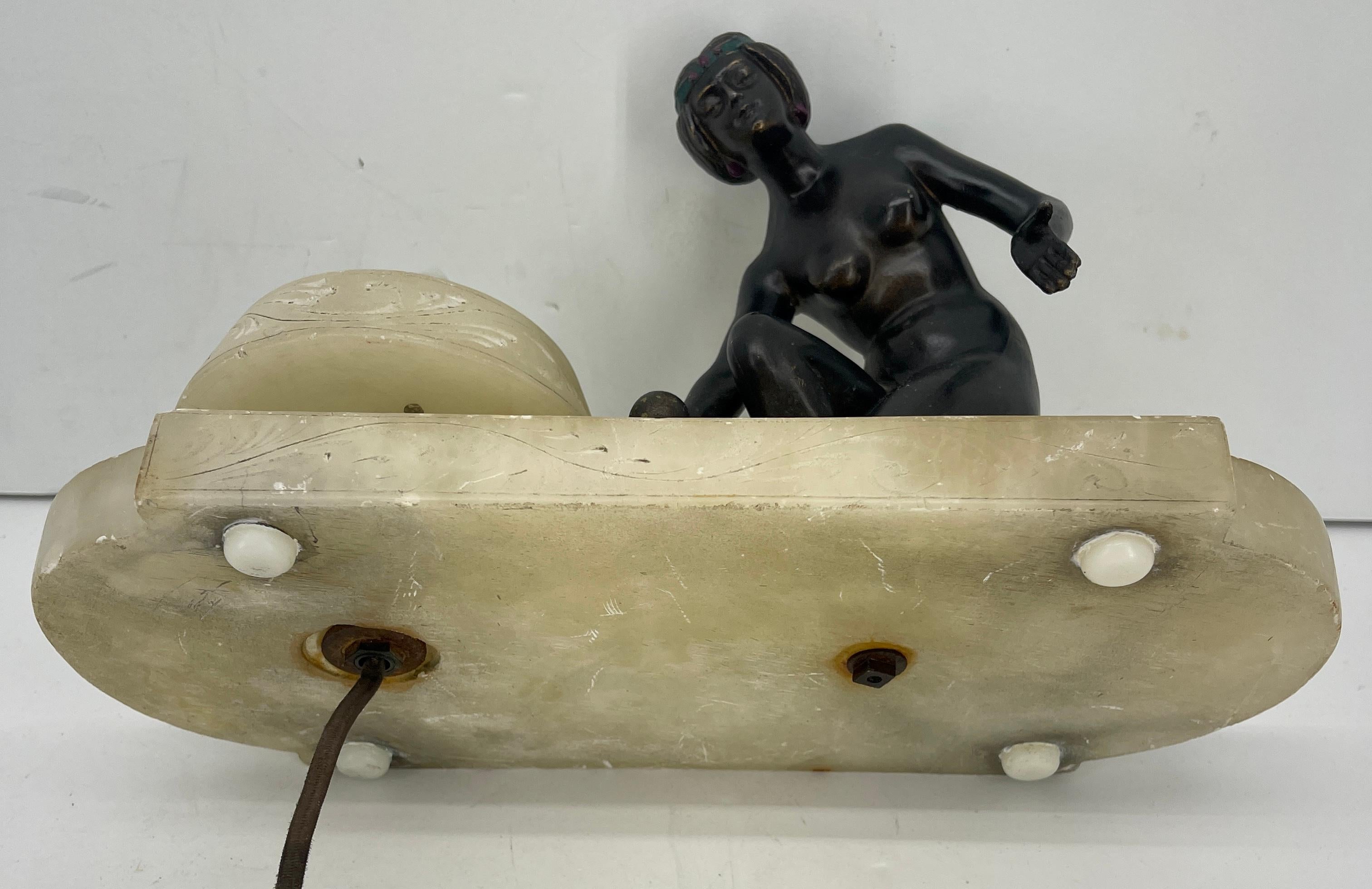 French Bronze Nude and White Alabaster Table Lamp, Circa 1940's For Sale 12