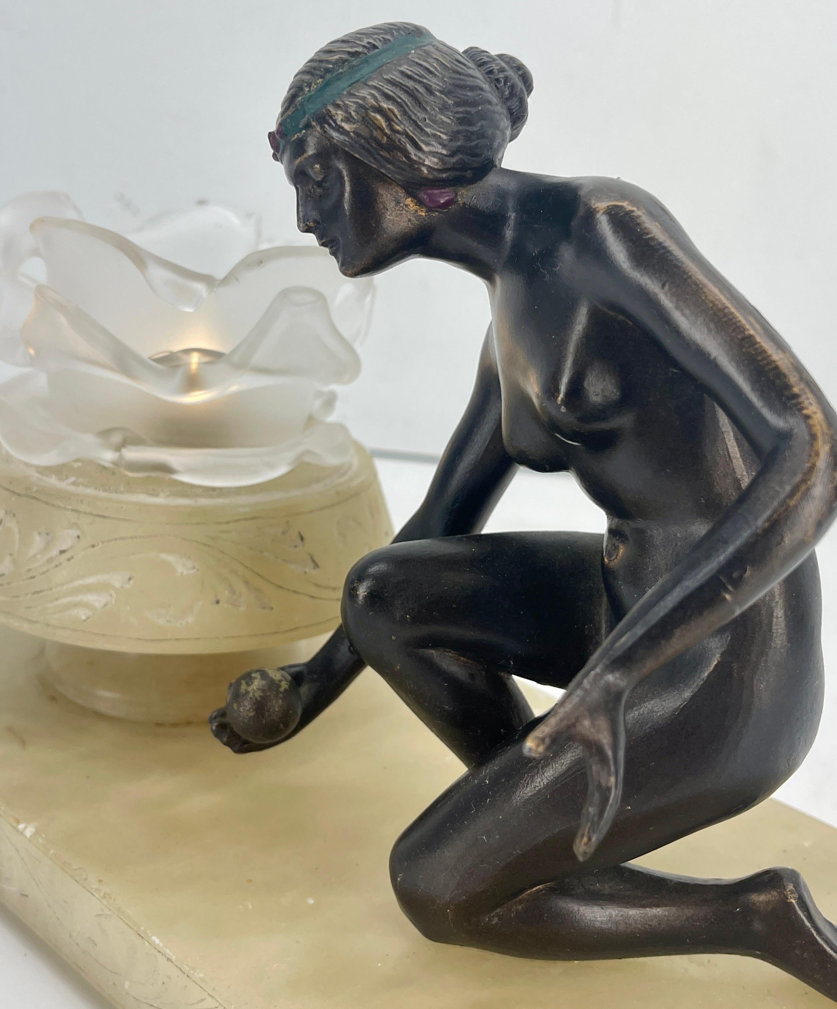 Frosted French Bronze Nude and White Alabaster Table Lamp, Circa 1940's