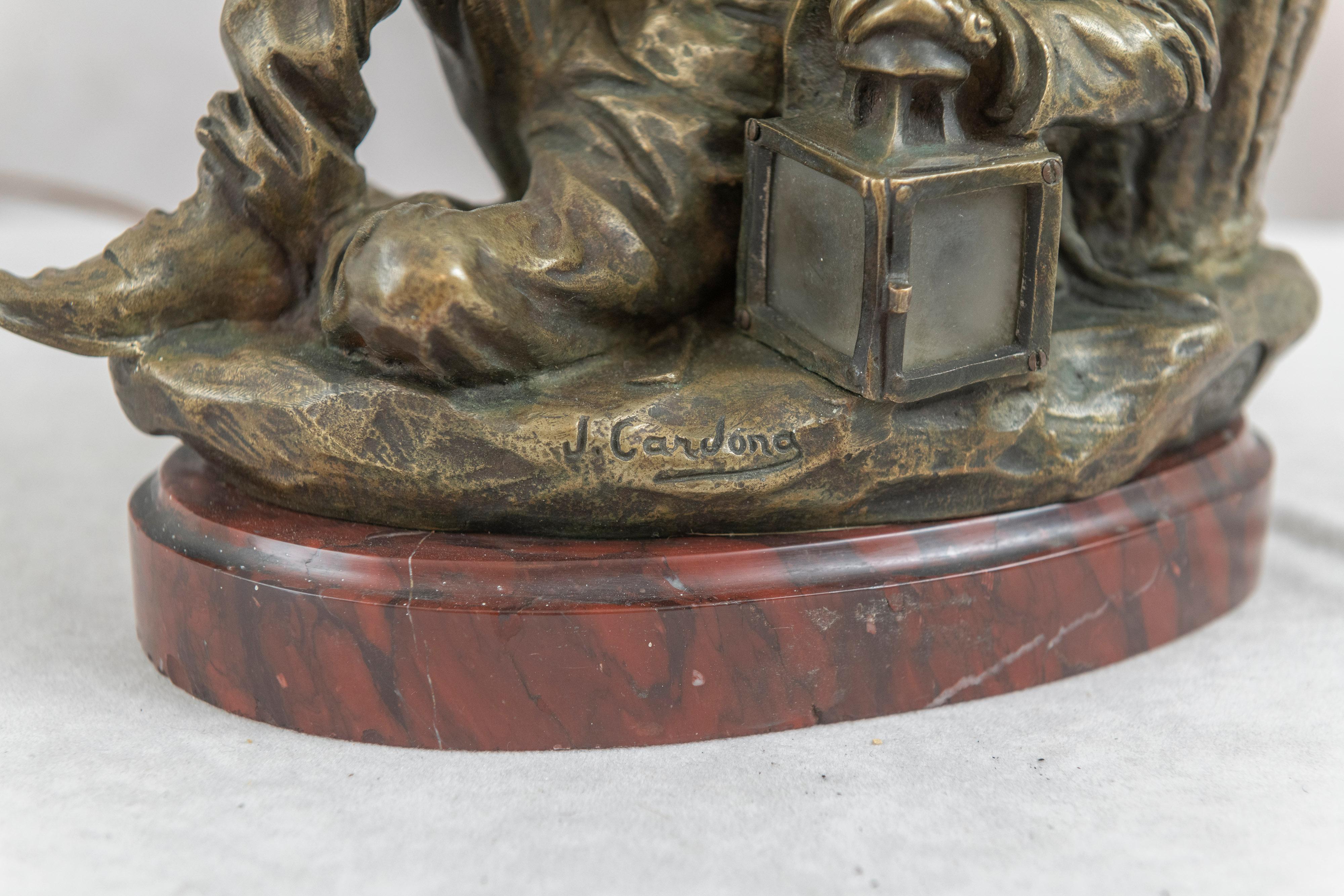 This very sweet bronze depicting a young boy bundled up for a cold night and seated next to his lantern was cast in France by the listed artist Jose Cardona, who worked mainly just after the turn of the century. Artist signed and also bearing a