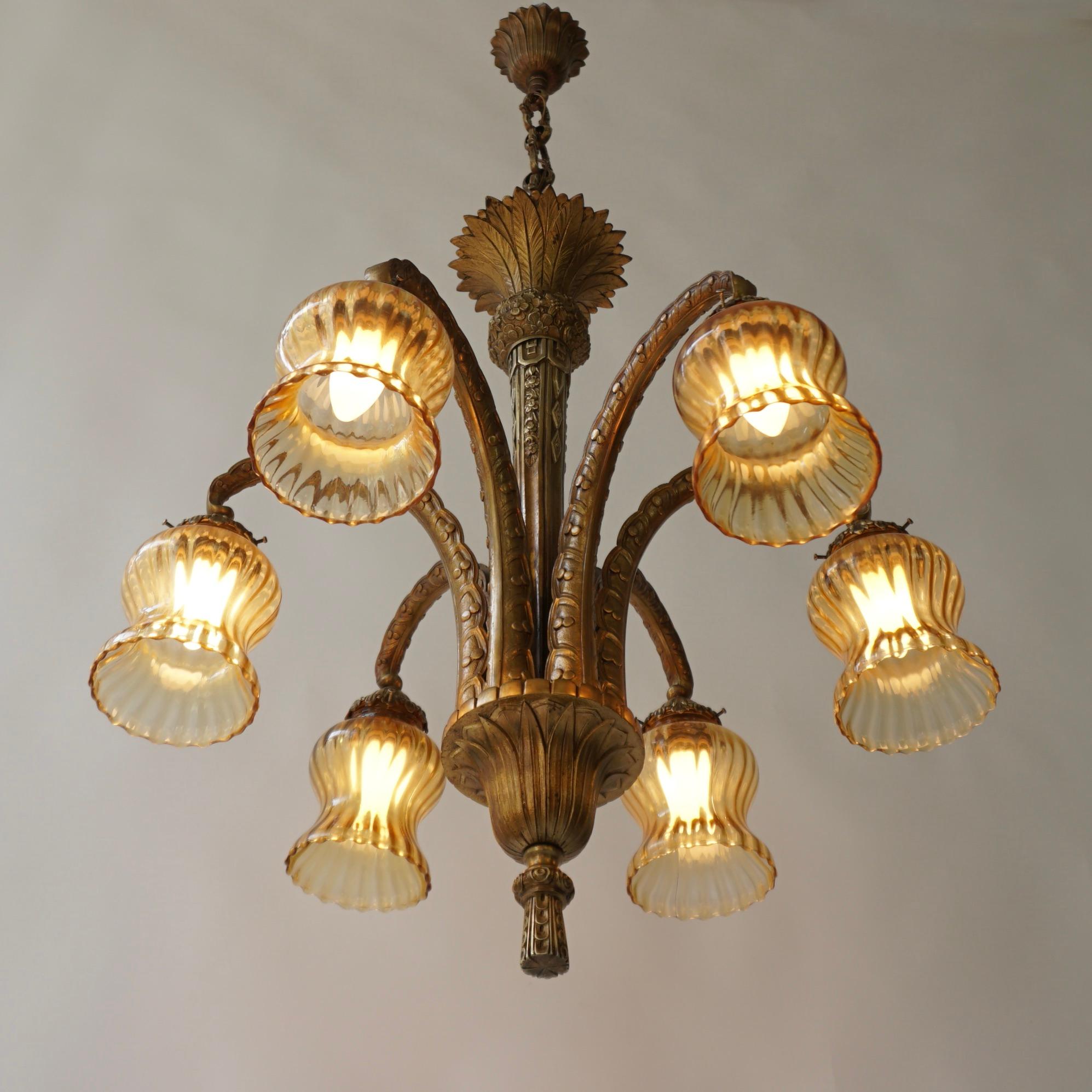 French Bronze Opaline Glass Palm Tree Chandelier For Sale 4