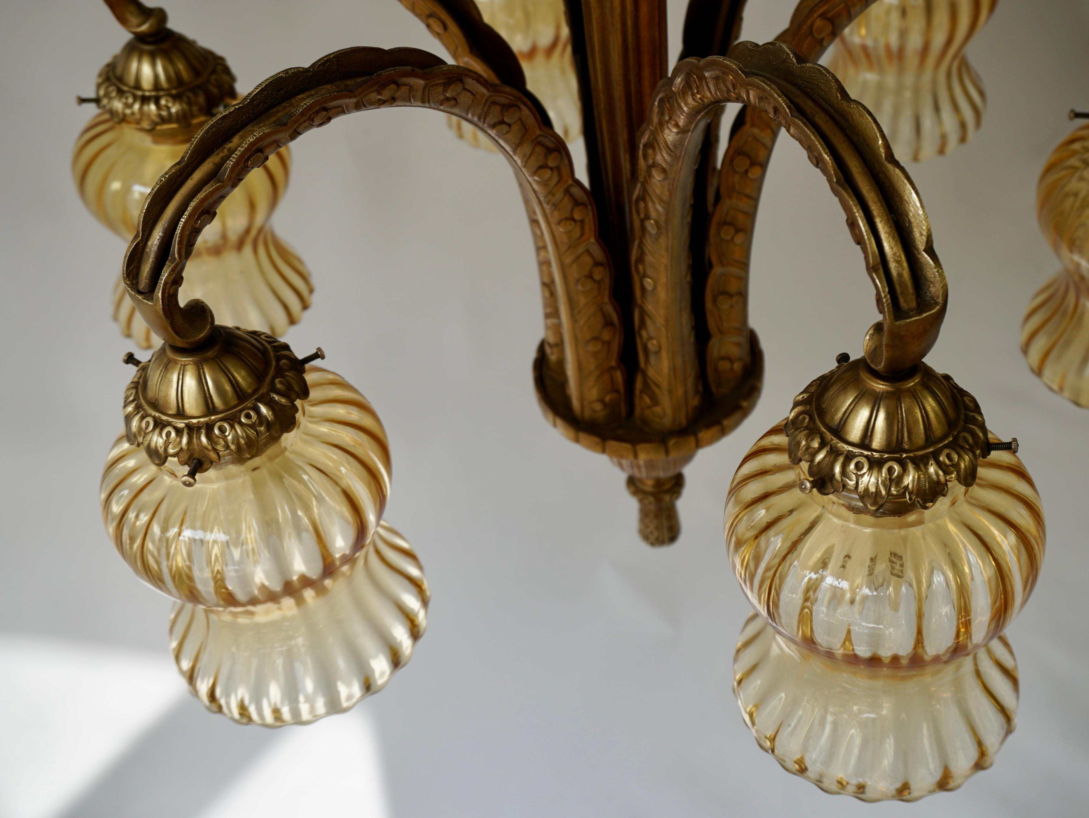 French Bronze Opaline Glass Palm Tree Chandelier For Sale 5