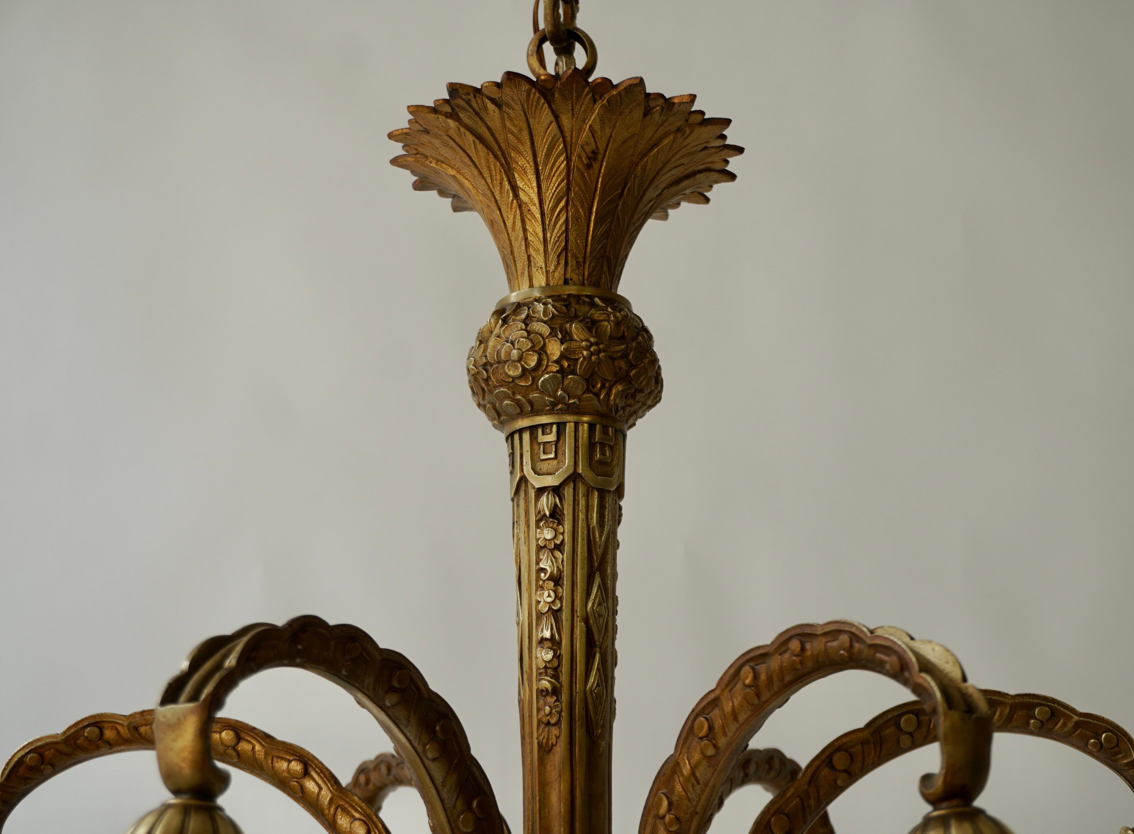 French Bronze Opaline Glass Palm Tree Chandelier For Sale 6