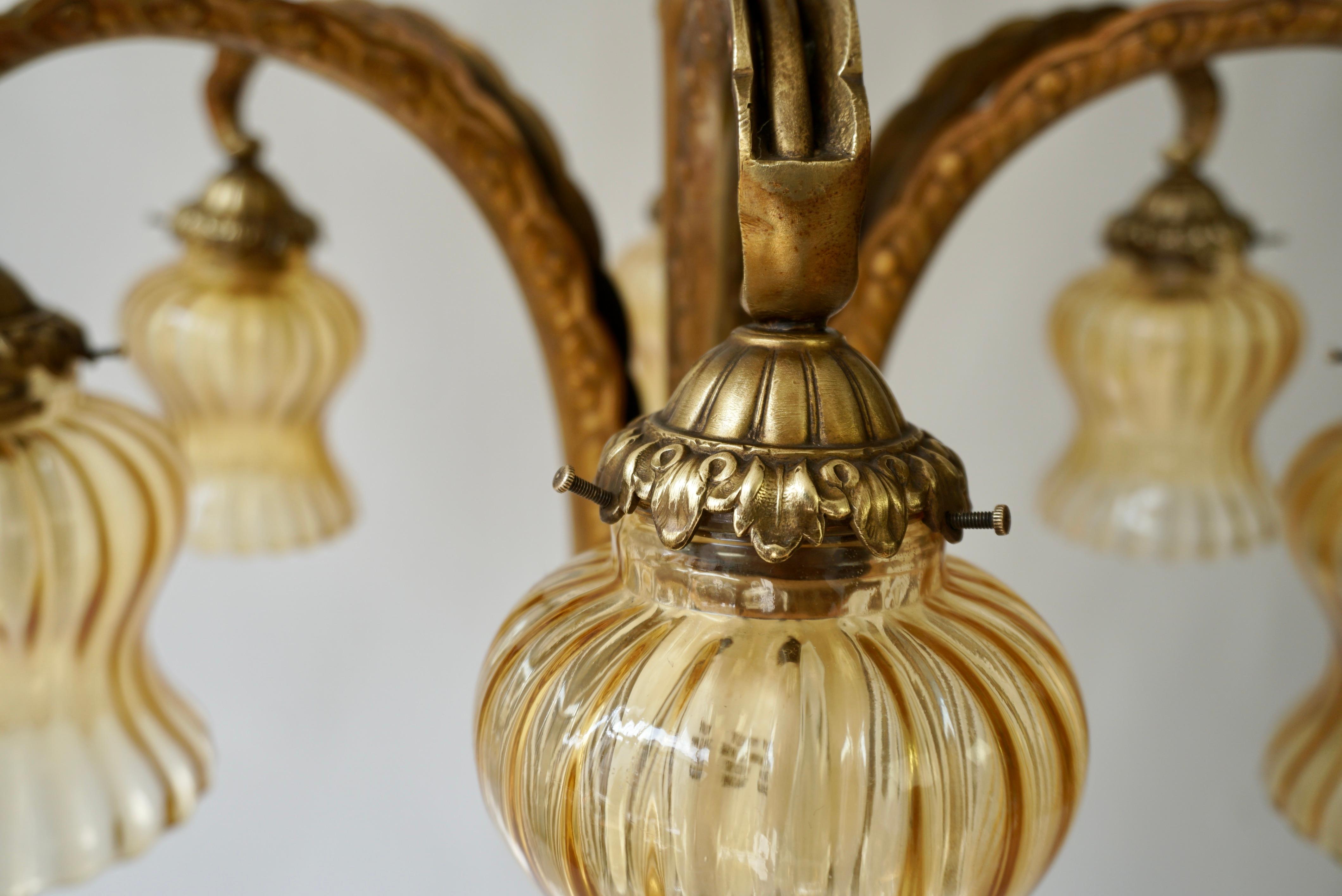 French Bronze Opaline Glass Palm Tree Chandelier For Sale 7