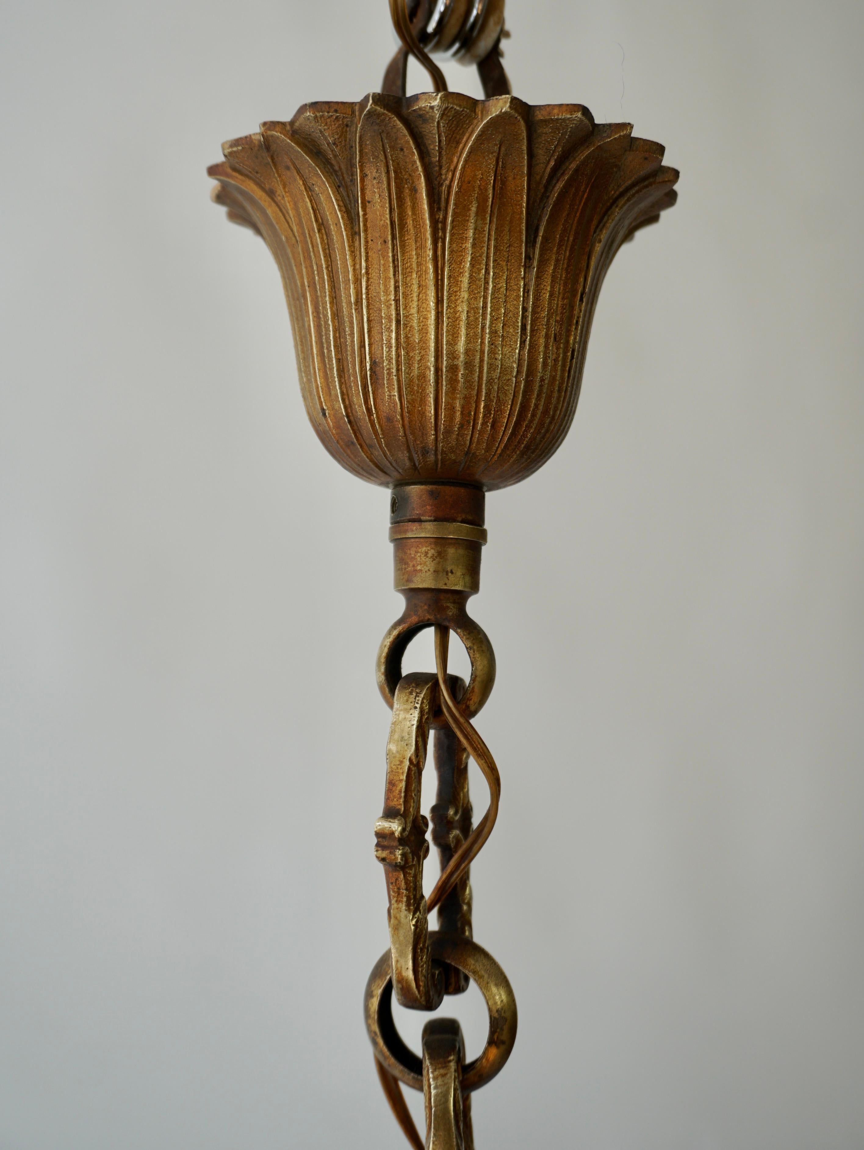 French Bronze Opaline Glass Palm Tree Chandelier For Sale 8