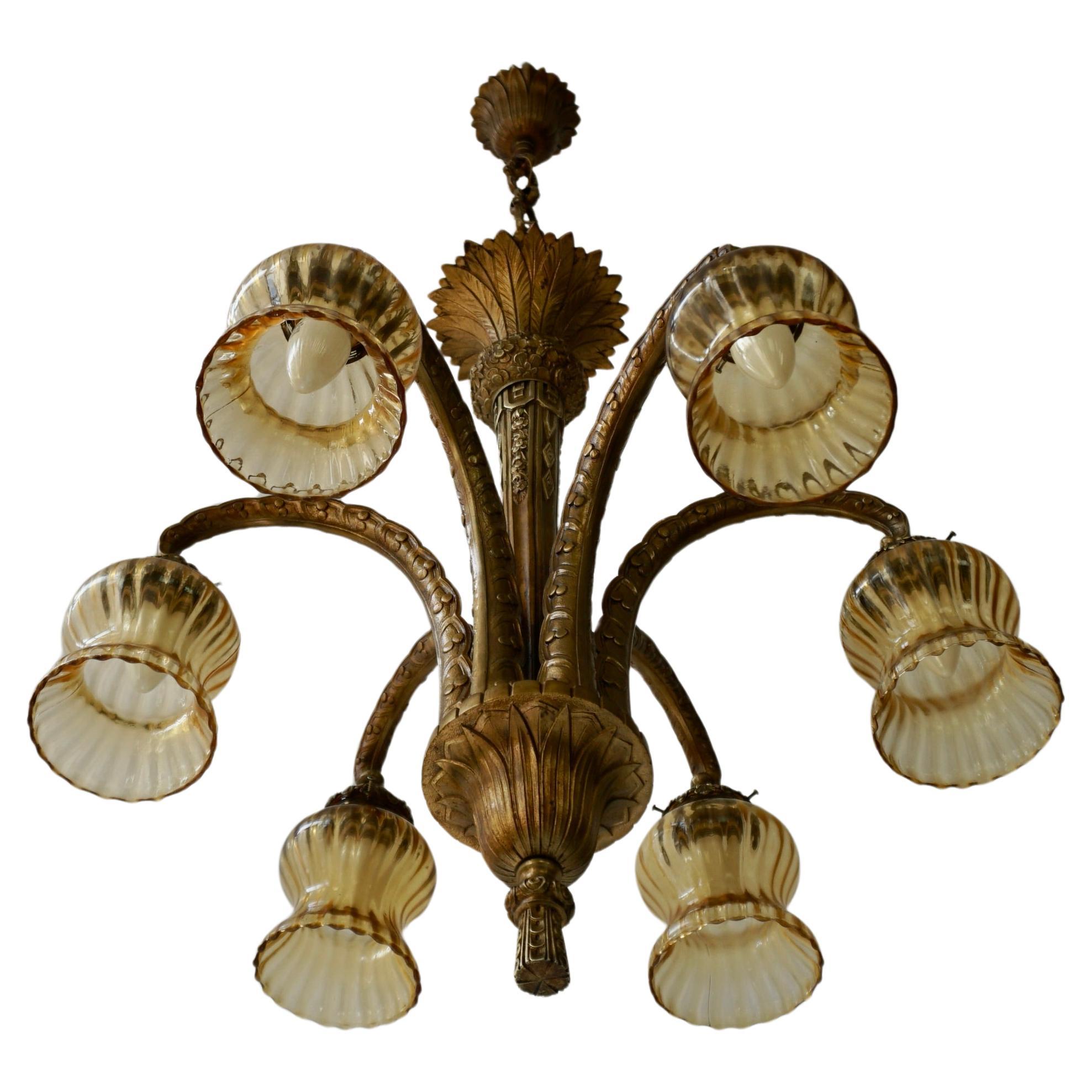 Art Deco French Bronze Opaline Glass Palm Tree Chandelier For Sale