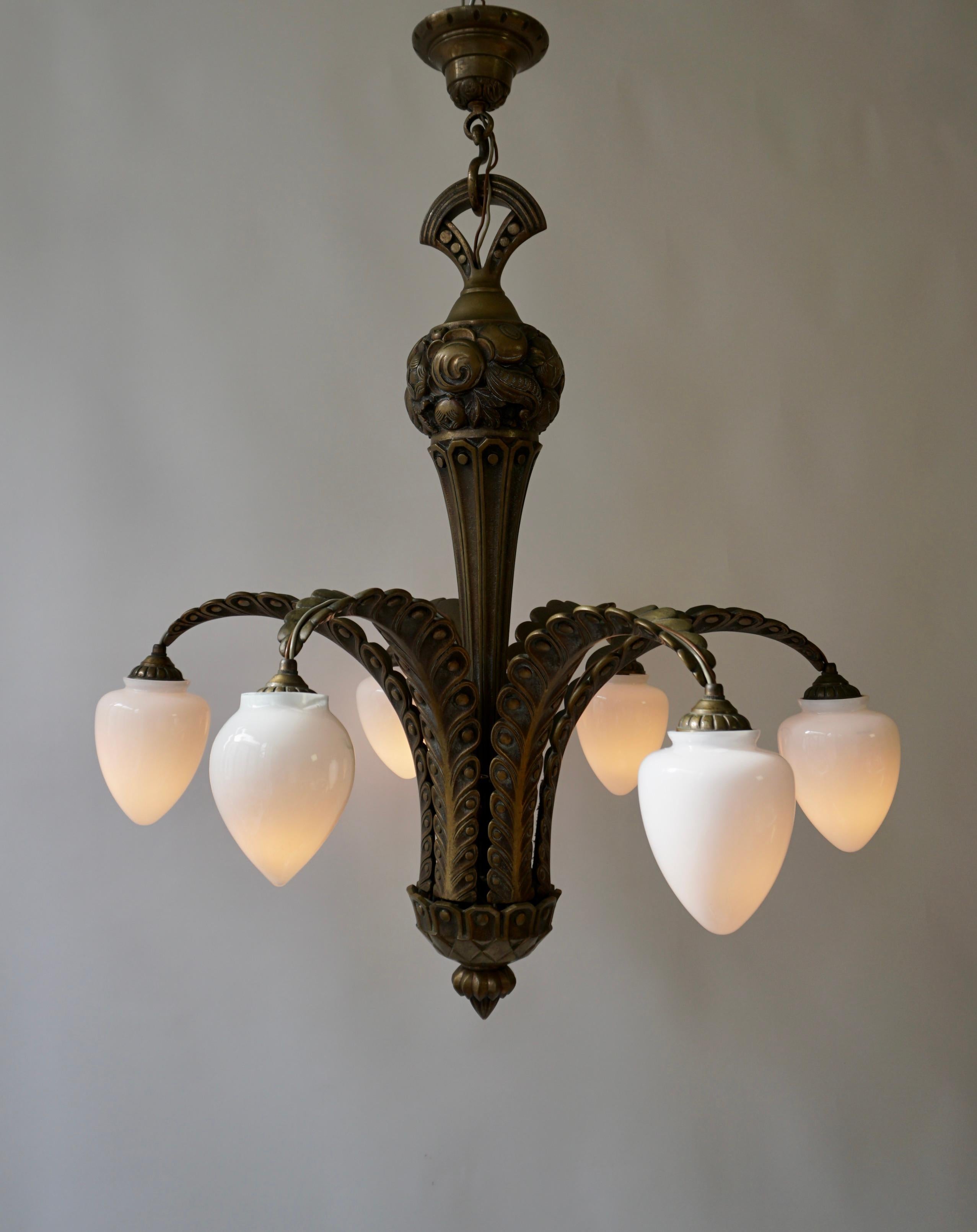 20th Century French Bronze Opaline Glass Palm Tree Chandelier For Sale