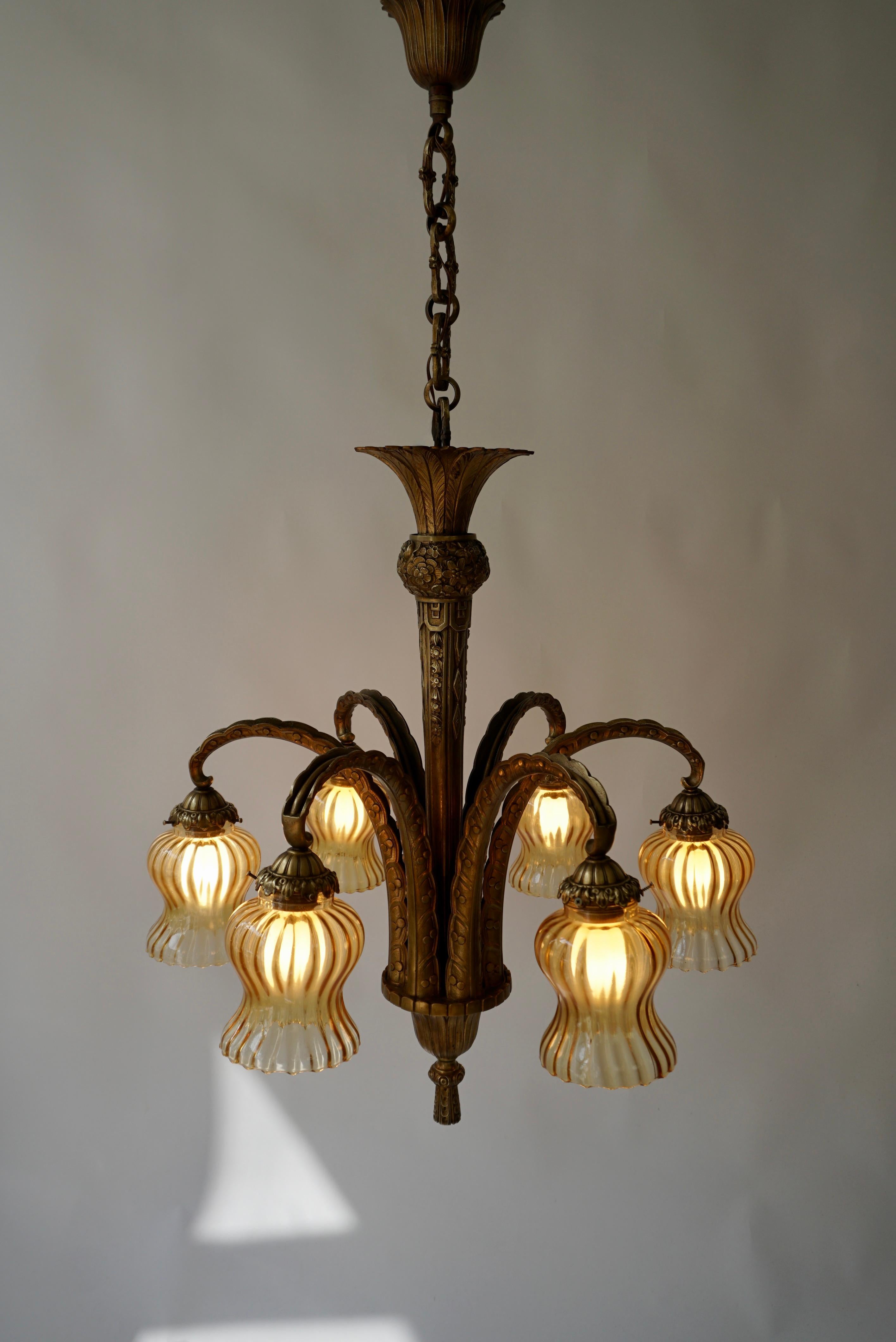 20th Century French Bronze Opaline Glass Palm Tree Chandelier For Sale