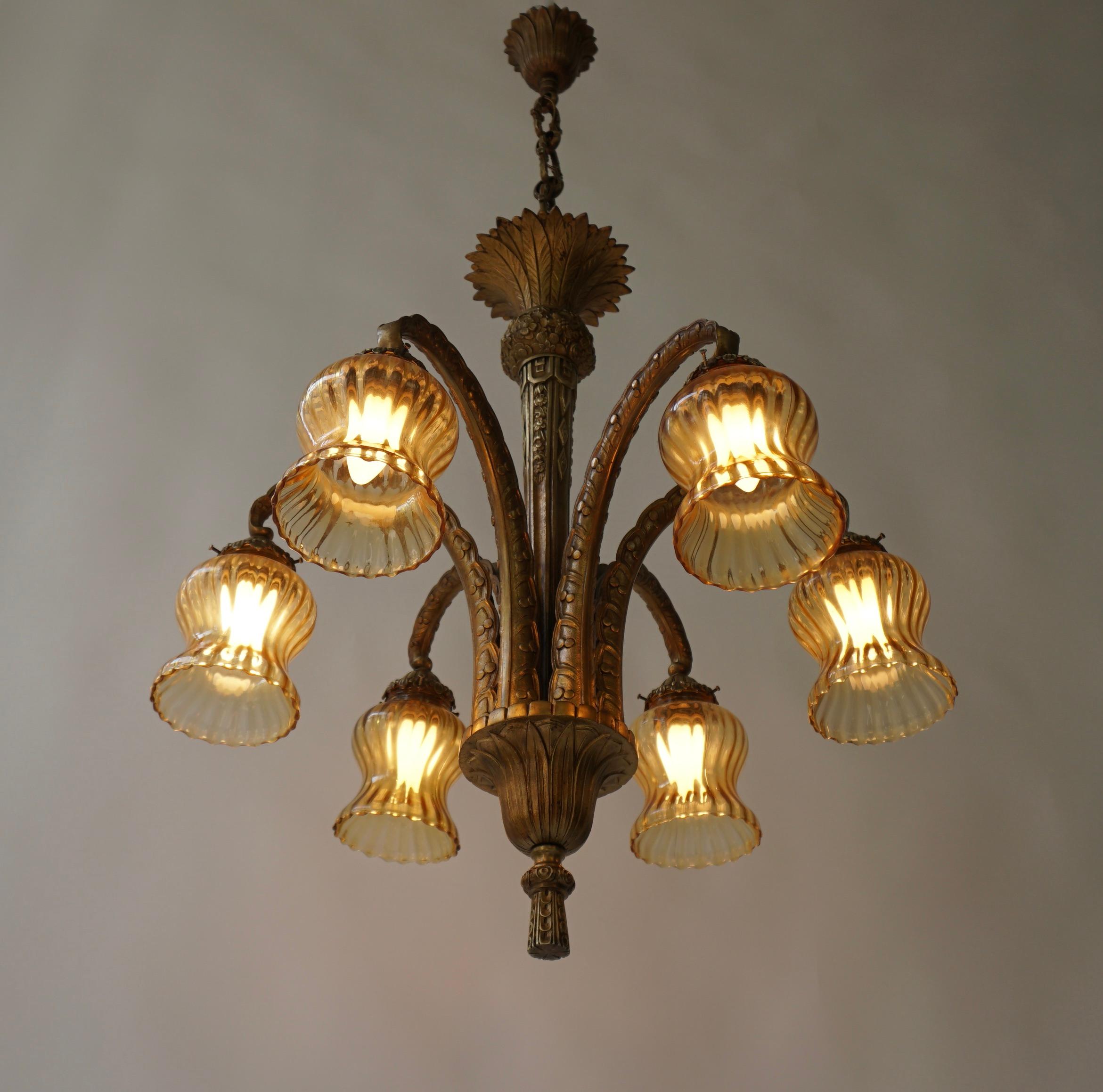 Brass French Bronze Opaline Glass Palm Tree Chandelier For Sale